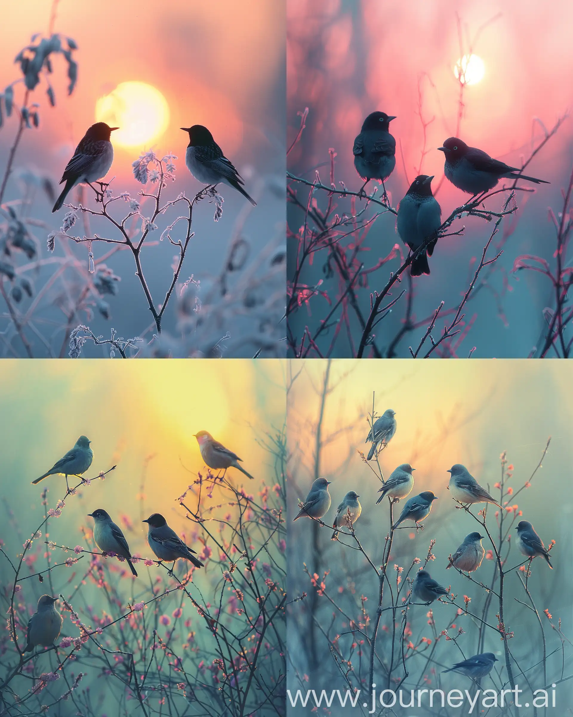  Serene Dawn Chorus, silhouette of birds on branches against the soft glow of sunrise, orchestral arrangement of nature, impressionist style, pastel colors, tranquil, Monet + Turner influences, birds as conductors of morning choir, peaceful awakening of the world --ar 4:5 --s 700 --v 6
