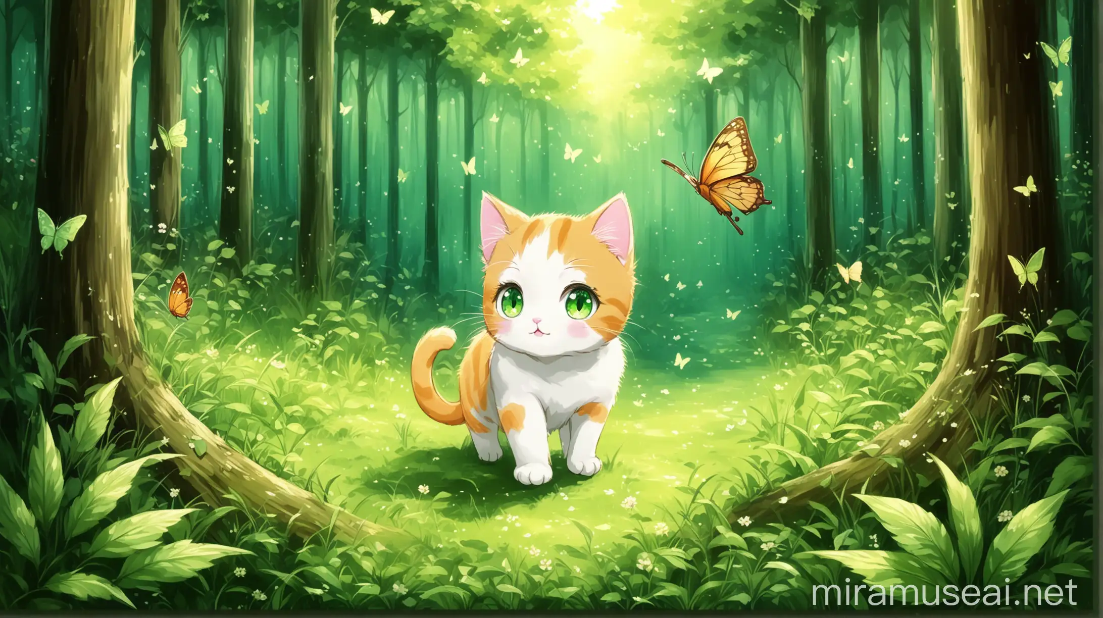 anime painting, cute cat in lash green, forest ,play, with alone ,butterfly ,