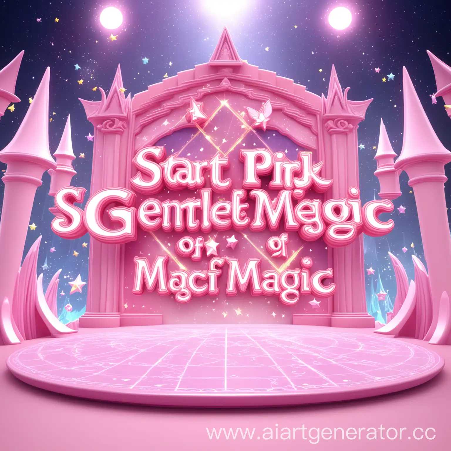 изображение, иллюстрирующее начальный экран 3д-игры про школу магии нежные розовые цвета, милые шрифты привлекательный для молодой женской аудитории.