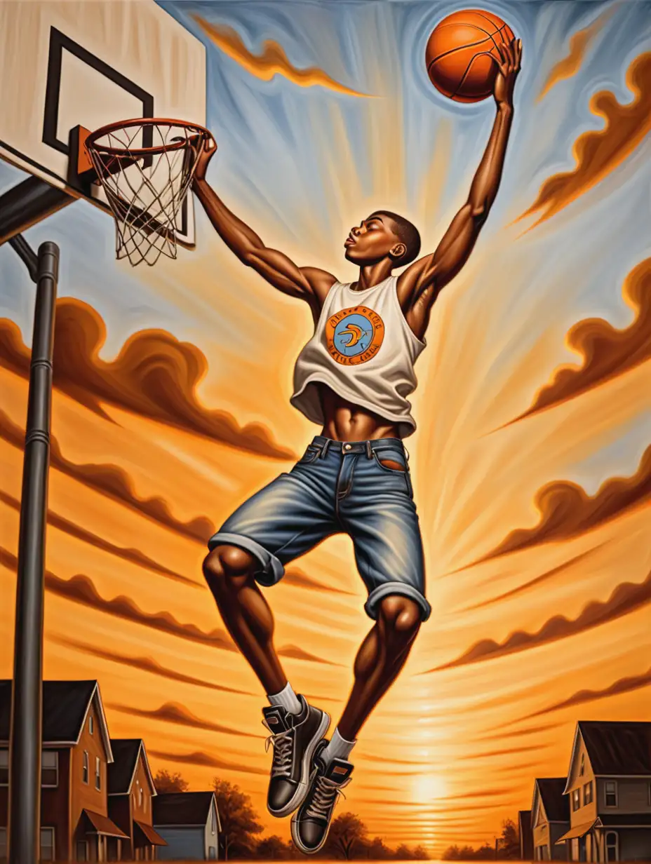 Black Teenage Basketball Player Shooting Jump Shot in Golden Sky Oil Painting