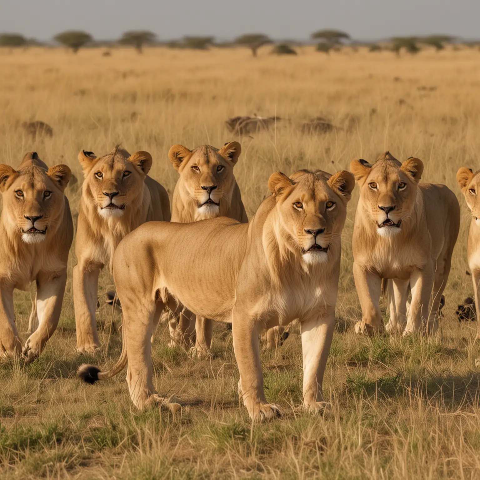 A Pride of Lions Roaming the African Savanna