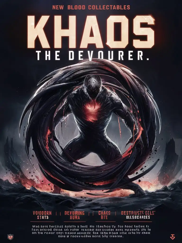design a 8k poster bold title: 'new blood collectables' featuring"Khaos, the Devourer" the "Chaos Bringer"
Stats:
- Strength: 9/10
- Speed: 8/10
- Intelligence: 6/10
- Fear Factor: 9/10
Abilities:
- Voidborn: Khaos's body is a swirling vortex of darkness, absorbing damage and healing himself
- Devouring Aura: Nearby enemies take damage and become slower
- Chaos Bite: Khaos bites a target, dealing massive damage and briefly stunning them
- Destruction's Call: Khaos summons a wave of chaos, destroying obstacles and damaging enemies
Description: Khaos is a monstrous creature born from the void, with an insatiable hunger for destruction. His body is a swirling vortex of darkness, consuming everything in his path.
