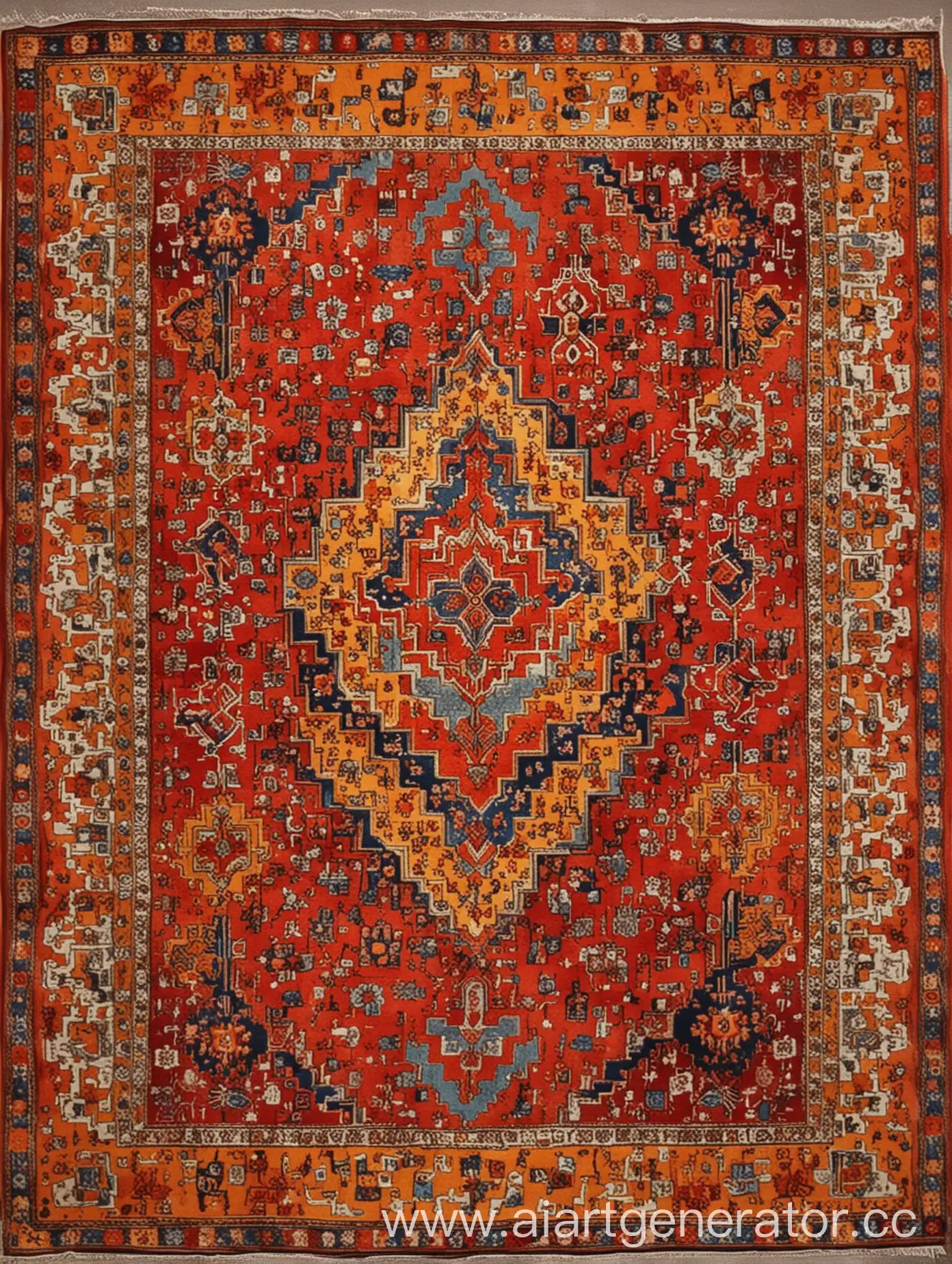 make photo in Armenian carpet with red yellow orange colors