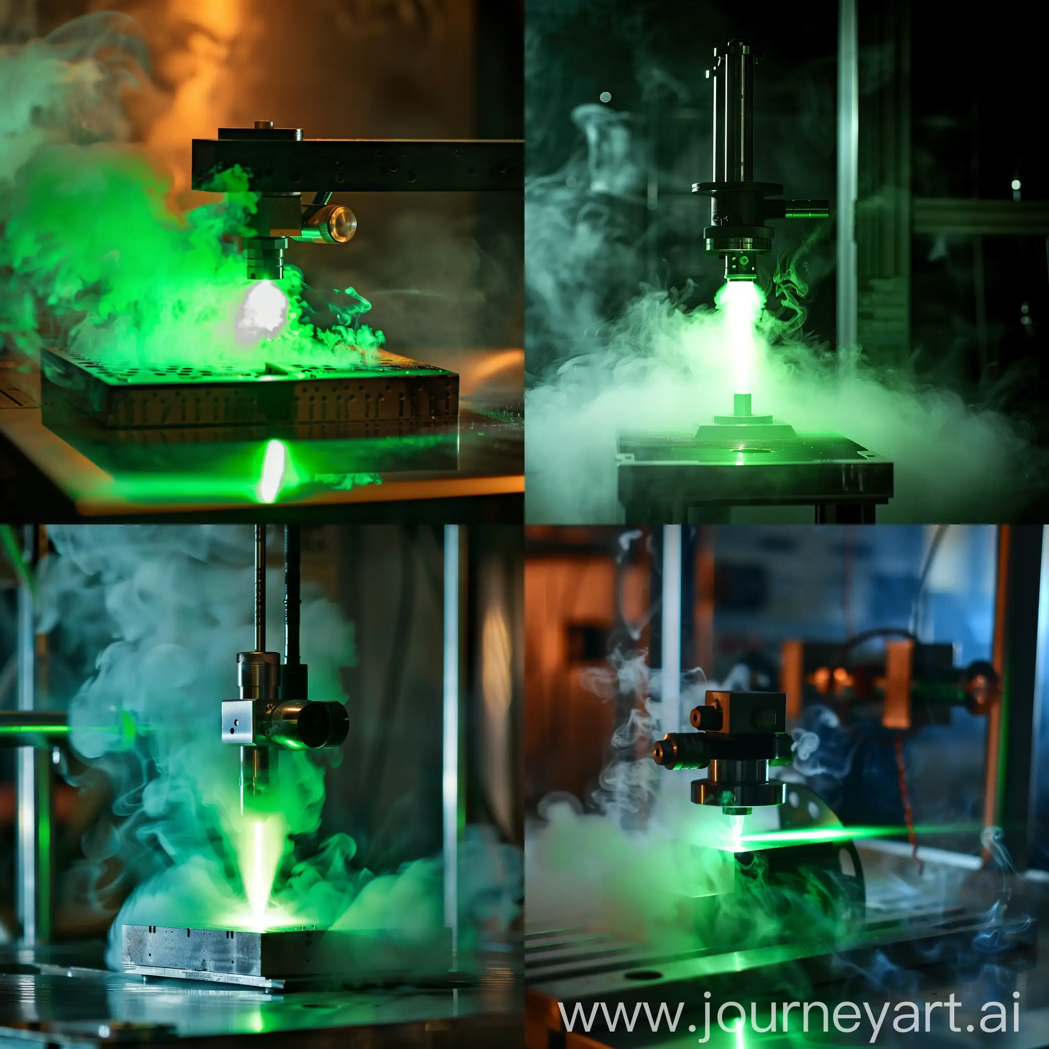 a laser in the laboratory with a green beam shines on a metal device that is smoking