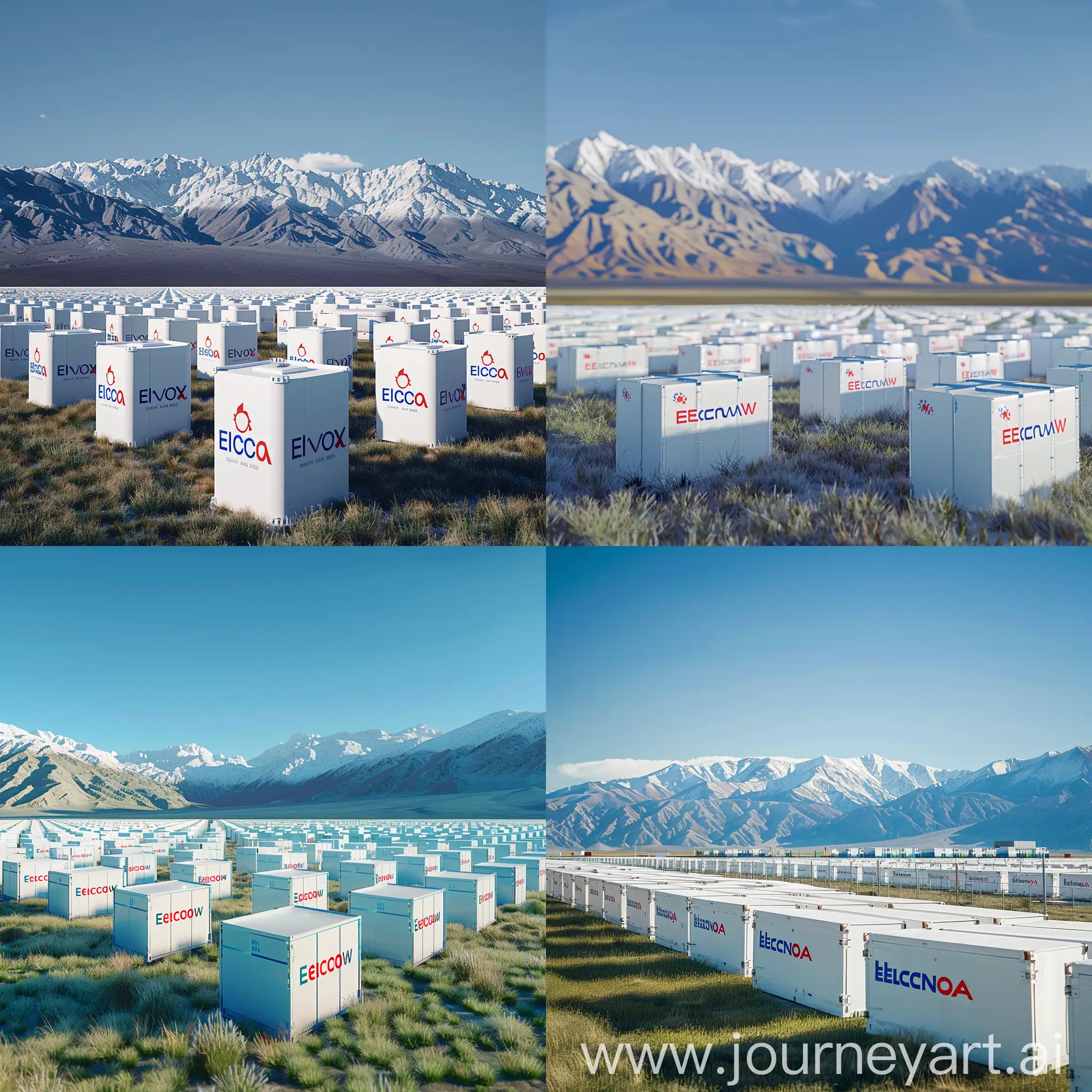 grass, grid, background, a lot of energy storage container raw in ground, mountain, blue sky, In the desert of western, there is an energy storage facility with many white containers that have red and blue logos Elecnova on them, arranged in rows like city blocks. The sky above shows clear skies, while behind it stand tall mountains covered in snow. 