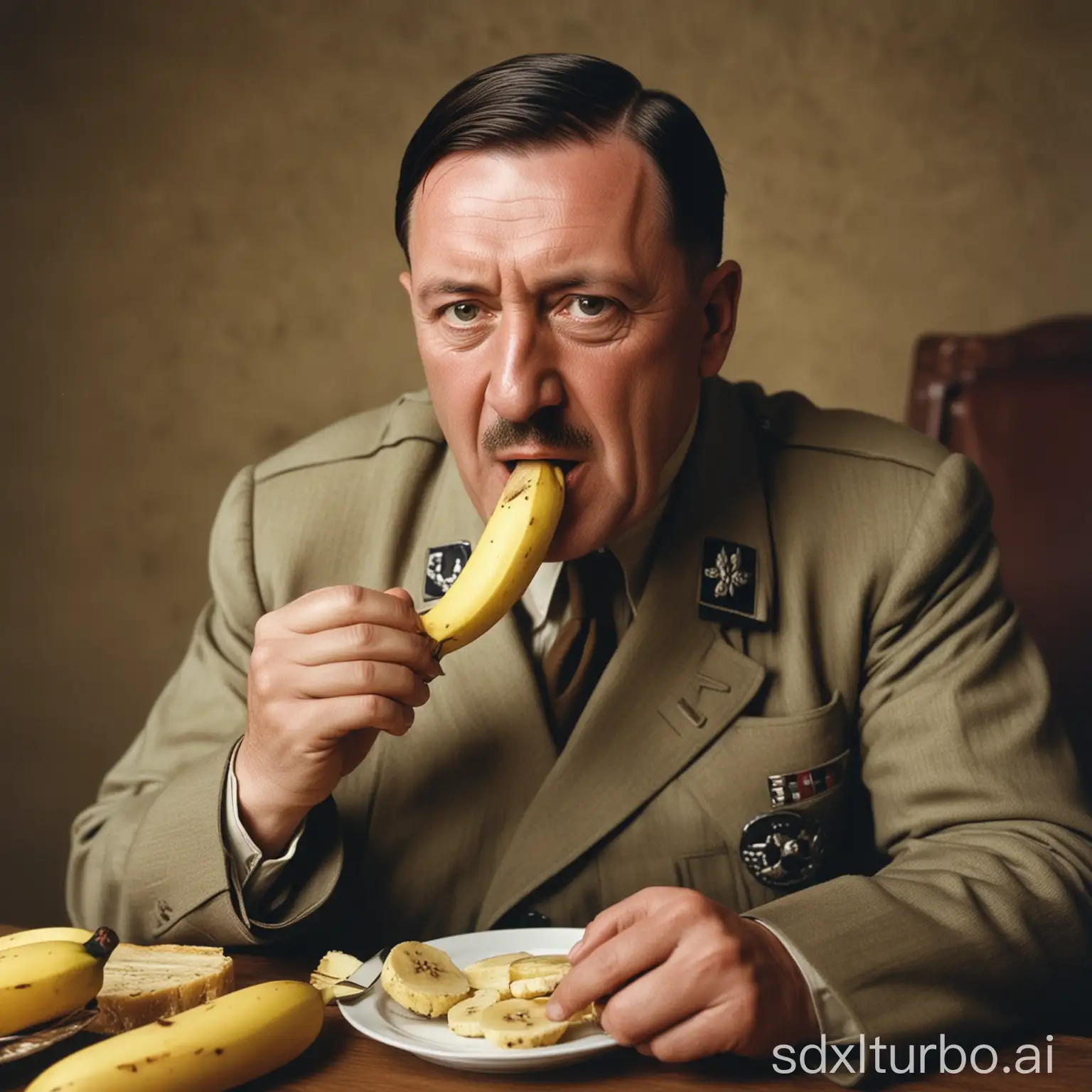 color photo of adolf hitler eating a banana