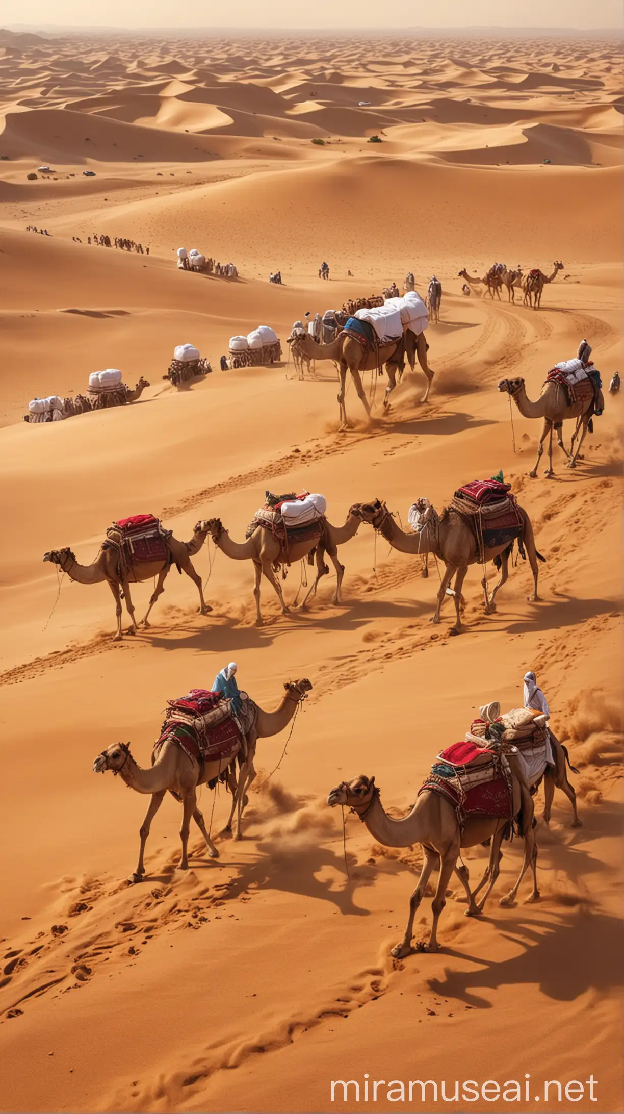 Trade Caravans Crossing Deserts: Picture a caravan of camels laden with goods traversing the vast Arabian desert, symbolizing the trade routes that connected cities like Mecca and Medina to distant lands. The image evokes the challenges and adventures of ancient traders as they journeyed along the Incense and Spice Routes., with islamic tradition , HD and 4K 