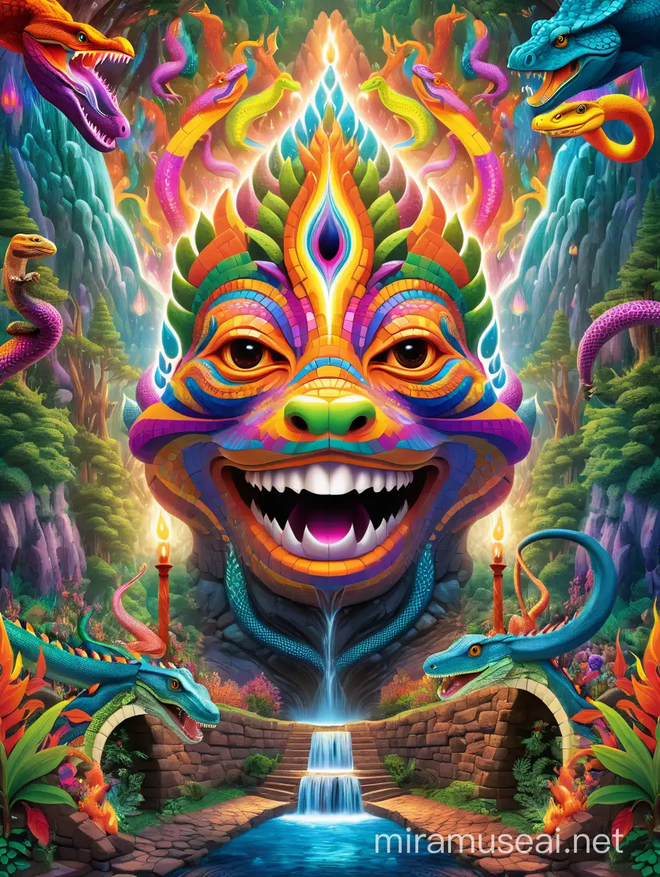 Psychedelic visionary world with higher detailed 3d bricks geometry shapes forest moutions flame lamp snakes lizard moutions tunnel shamanic small face merged with water fall with vivid colors