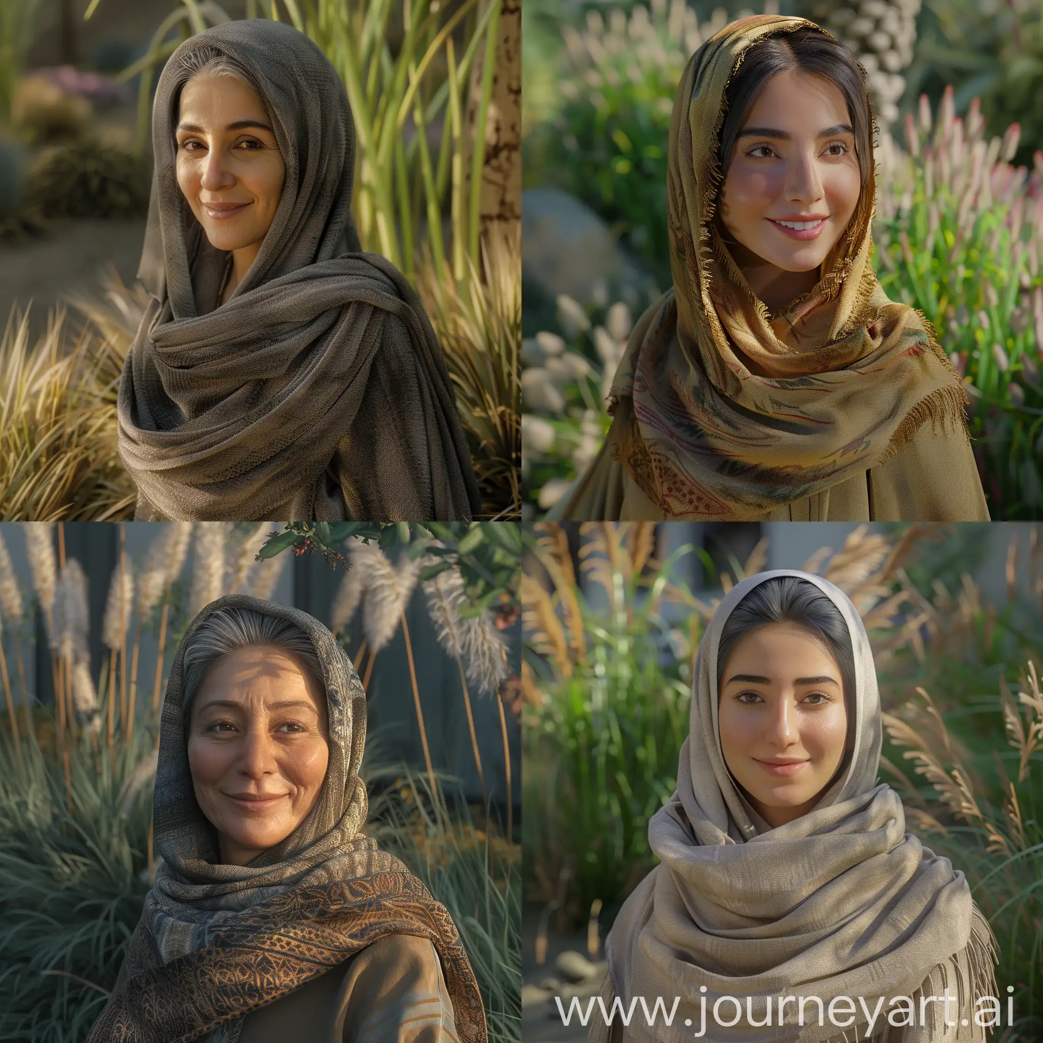A 40 year old Iranian woman, super real, individual, scarf, hijab, very real and natural texture, smile, beautiful, morning, beautiful garden full of grass and plants, round face, 8K HD.