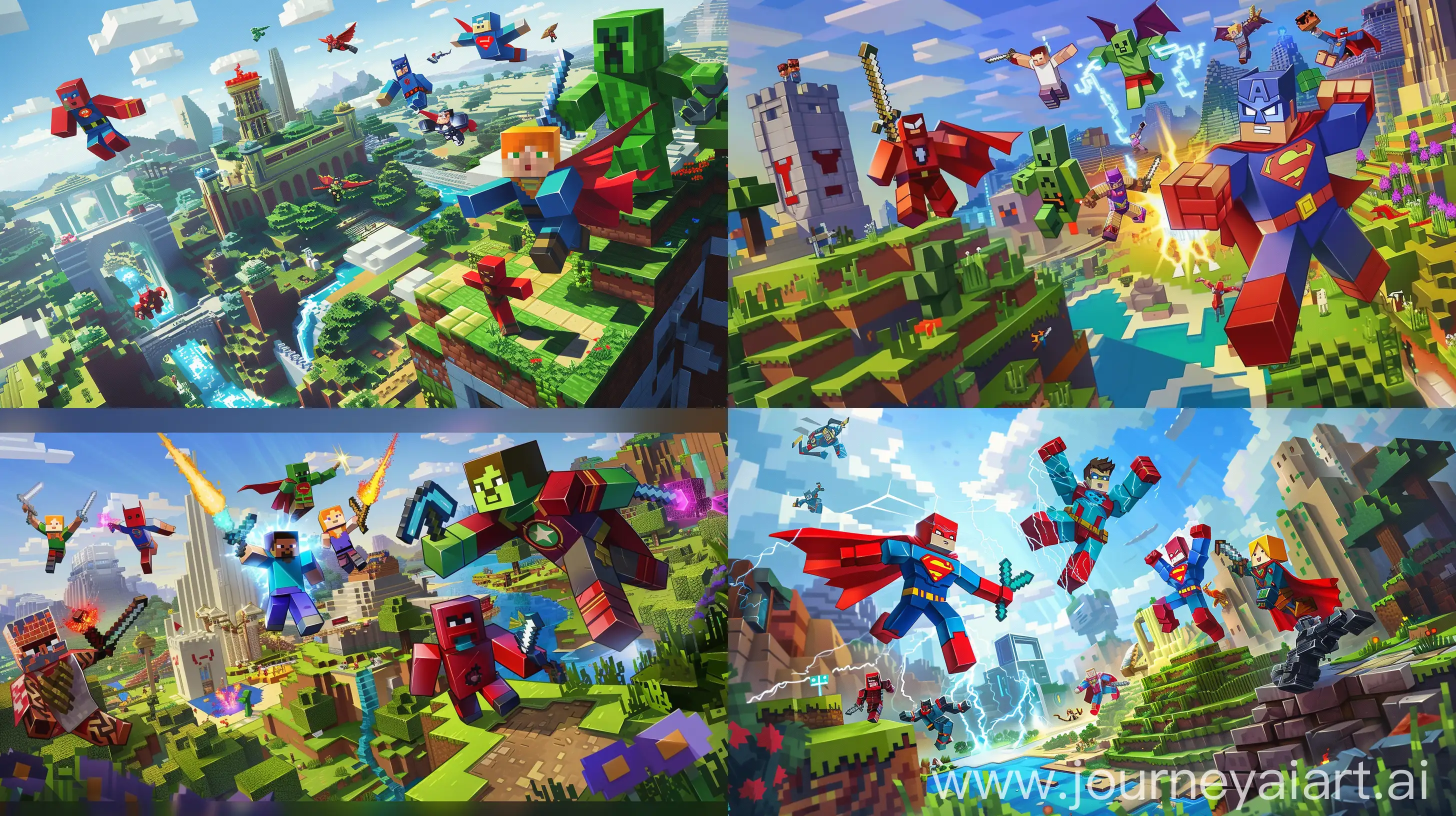 An intricate digital illustration portraying the introduction of superheroes into the Minecraft world. The scene depicts iconic superhero characters seamlessly integrated into the Minecraft universe, surrounded by vibrant landscapes and iconic landmarks. The composition showcases the evolution and popularity of the superhero mod within the gaming community, illustrating its significance and impact on gameplay dynamics and player engagement. Superheroes engage in heroic poses, displaying their unique abilities and powers, while the dynamic lighting enhances the dramatic atmosphere. The illustration captures the essence of adventure and excitement, inviting viewers to immerse themselves in the thrilling world of superheroes within Minecraft. --ar 16:9 
