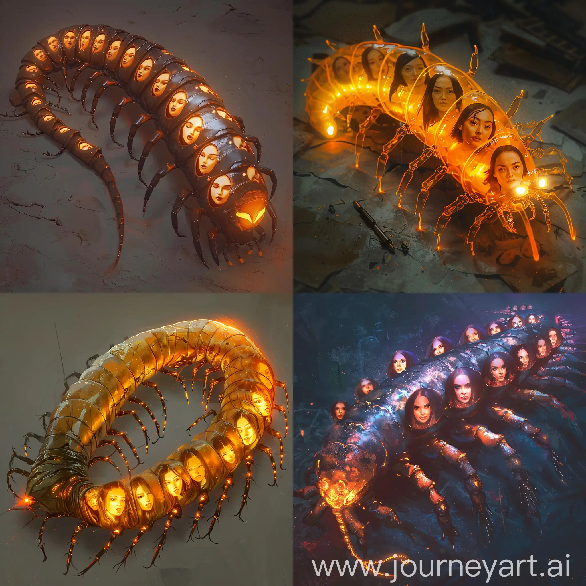 Ethereal-Giant-Glowing-Centipede-with-Enigmatic-Female-Faces