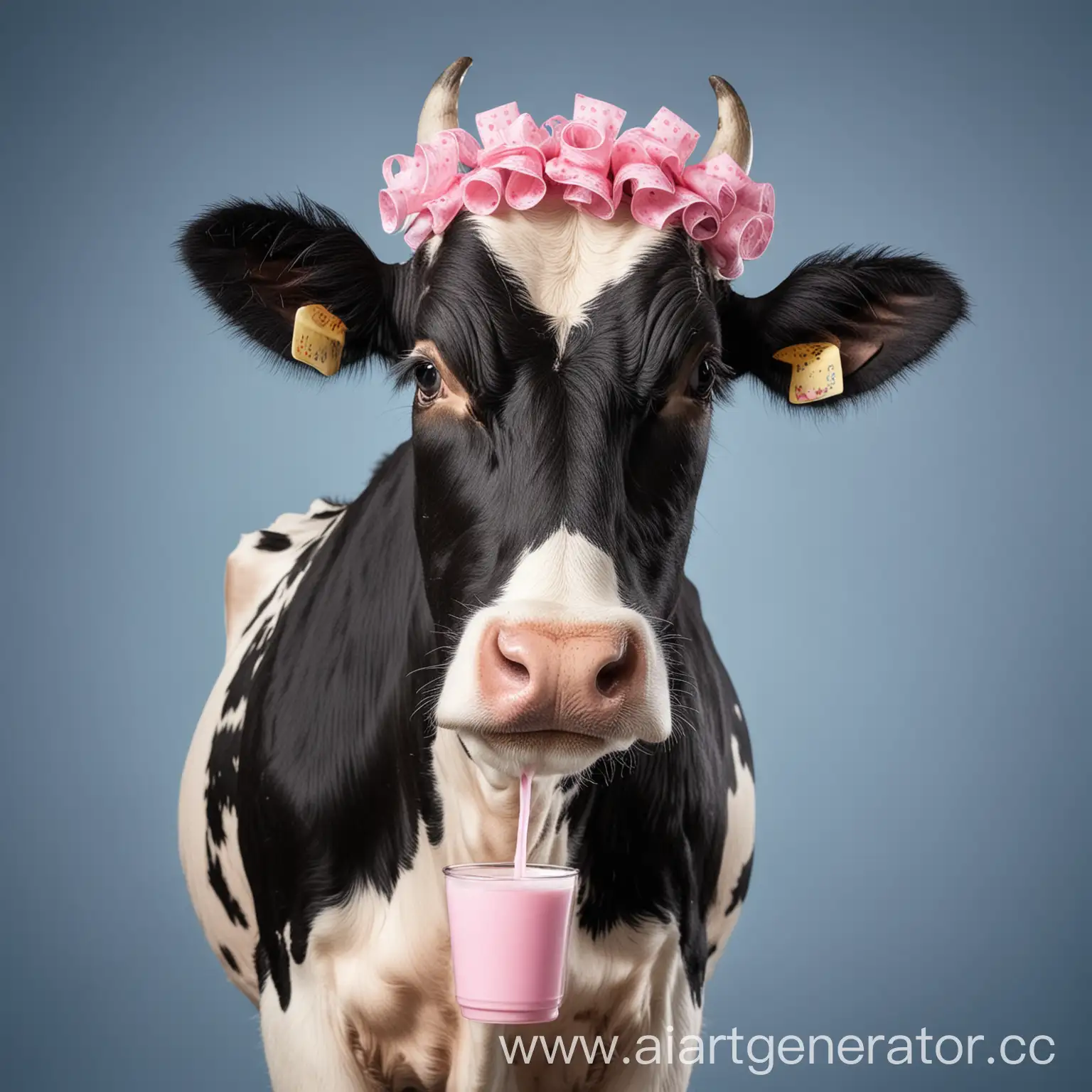 Портрет черно-белой коровы на голубом фоне. Она держит чашку с молоком копытом и пьет из чашки. На ее голове розовые бигуди. У нее длинные ресницы