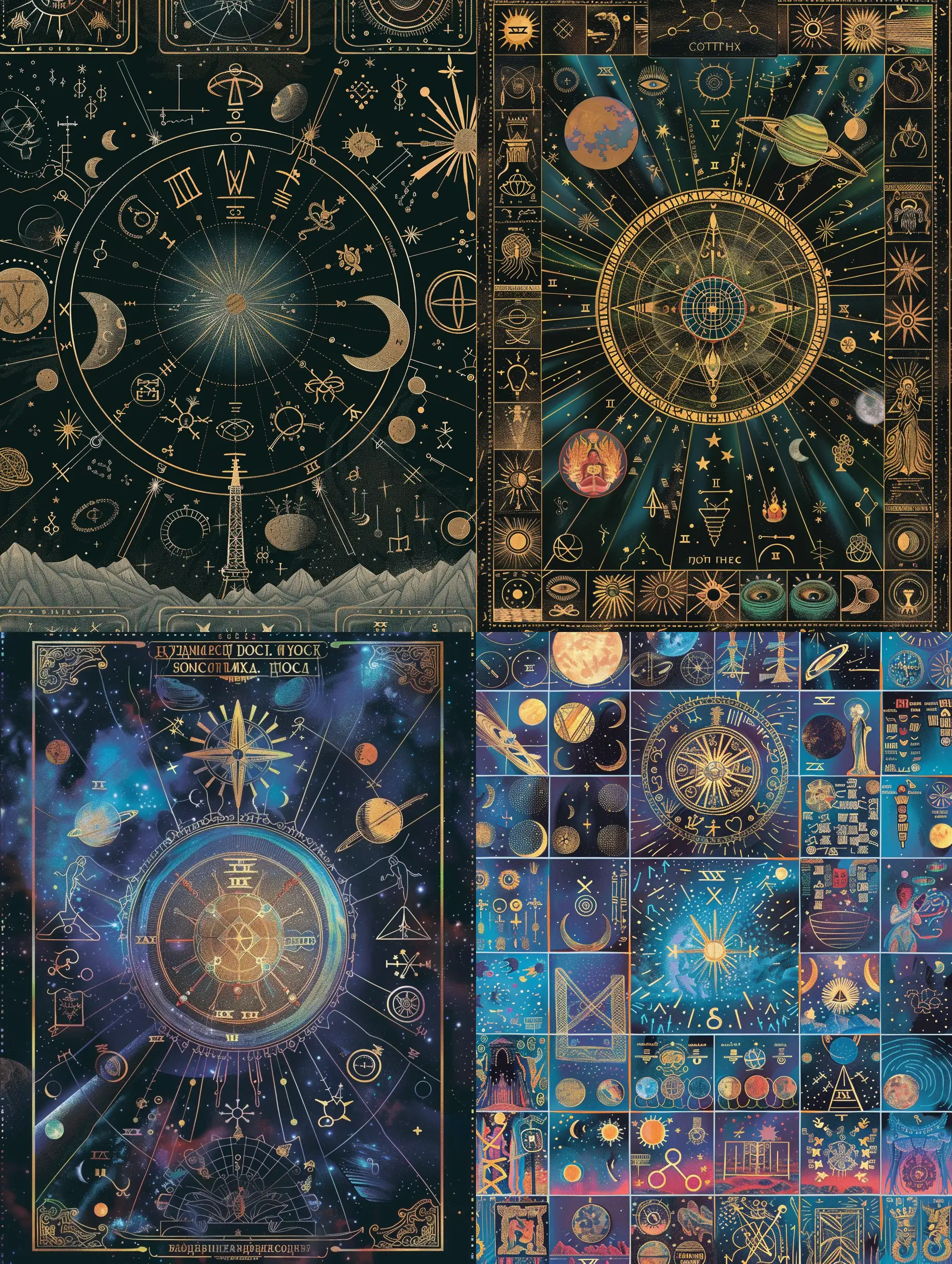 write a cover for tarot cards in on which to display the symbols of planets, zadiac signs, chakras and elements