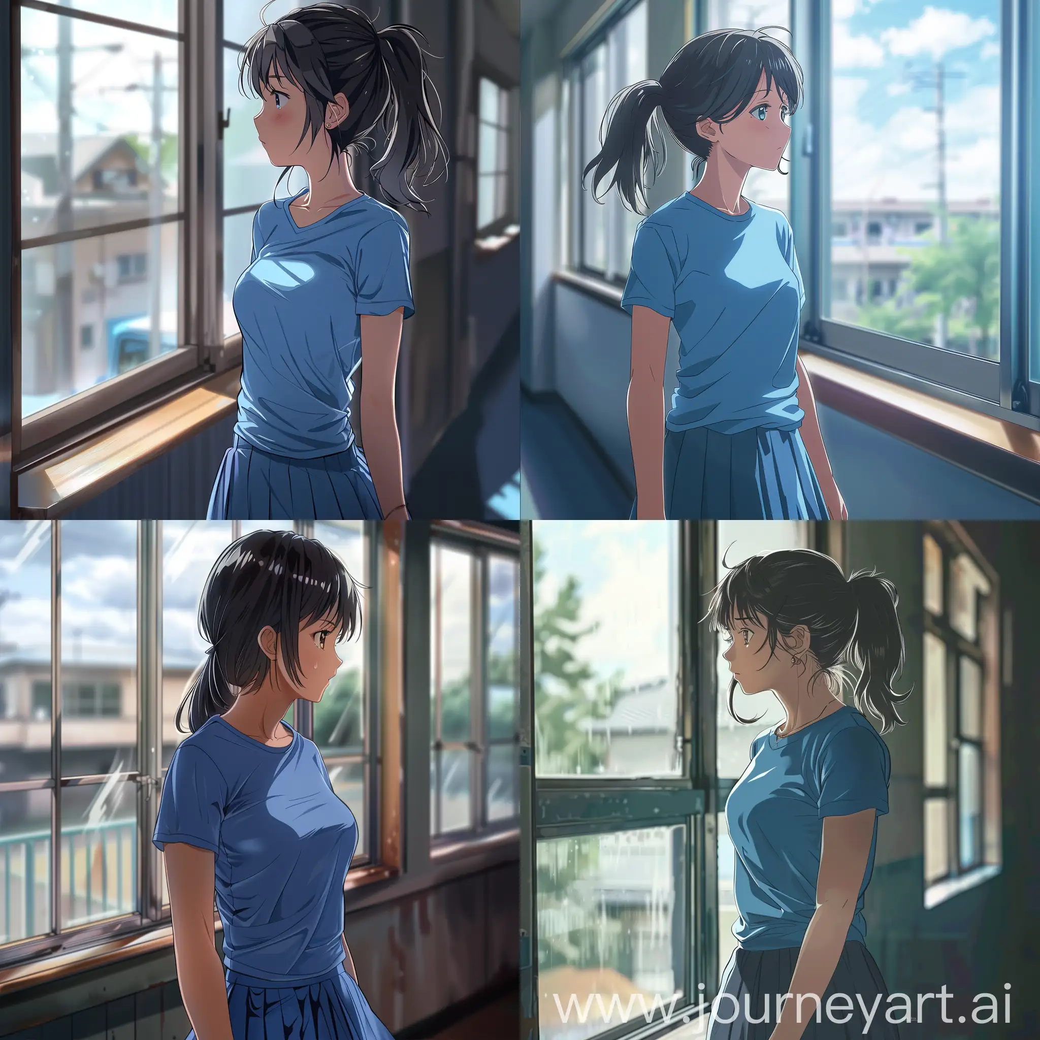 аниме девушка в синей майке и юбке смотрит в окно в учебном заведении.
