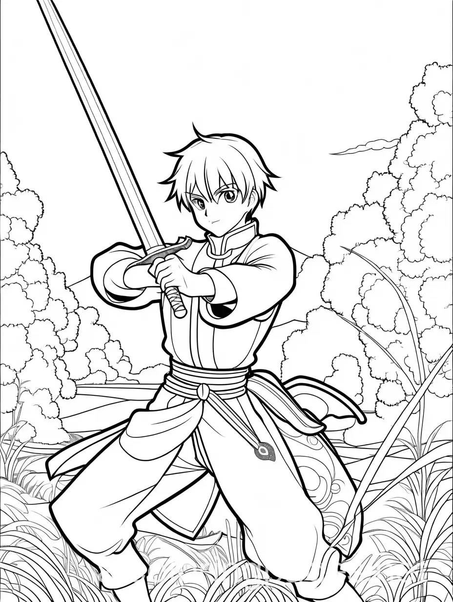 anime boy, sword fighting, , Coloring Page, black and white, line art, white background, Simplicity, Ample White Space. The background of the coloring page is plain white to make it easy for young children to color within the lines. The outlines of all the subjects are easy to distinguish, making it simple for kids to color without too much difficulty