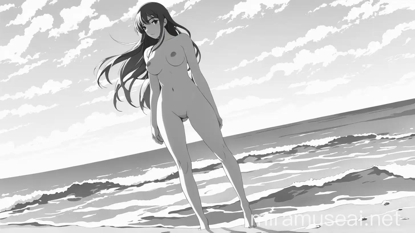 nude girl at the beach, black and white, anime