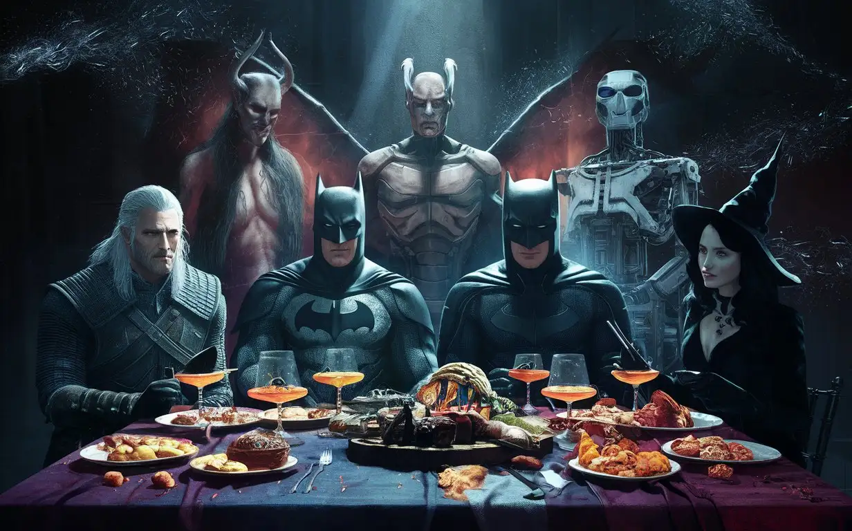 The atmosphere of abandonment is eerie. Geralt, Batman, and a witch are sitting at the table covered with food and tea. Nearby stand Lucifer and the Terminator T-800. Particles are flying in the air.