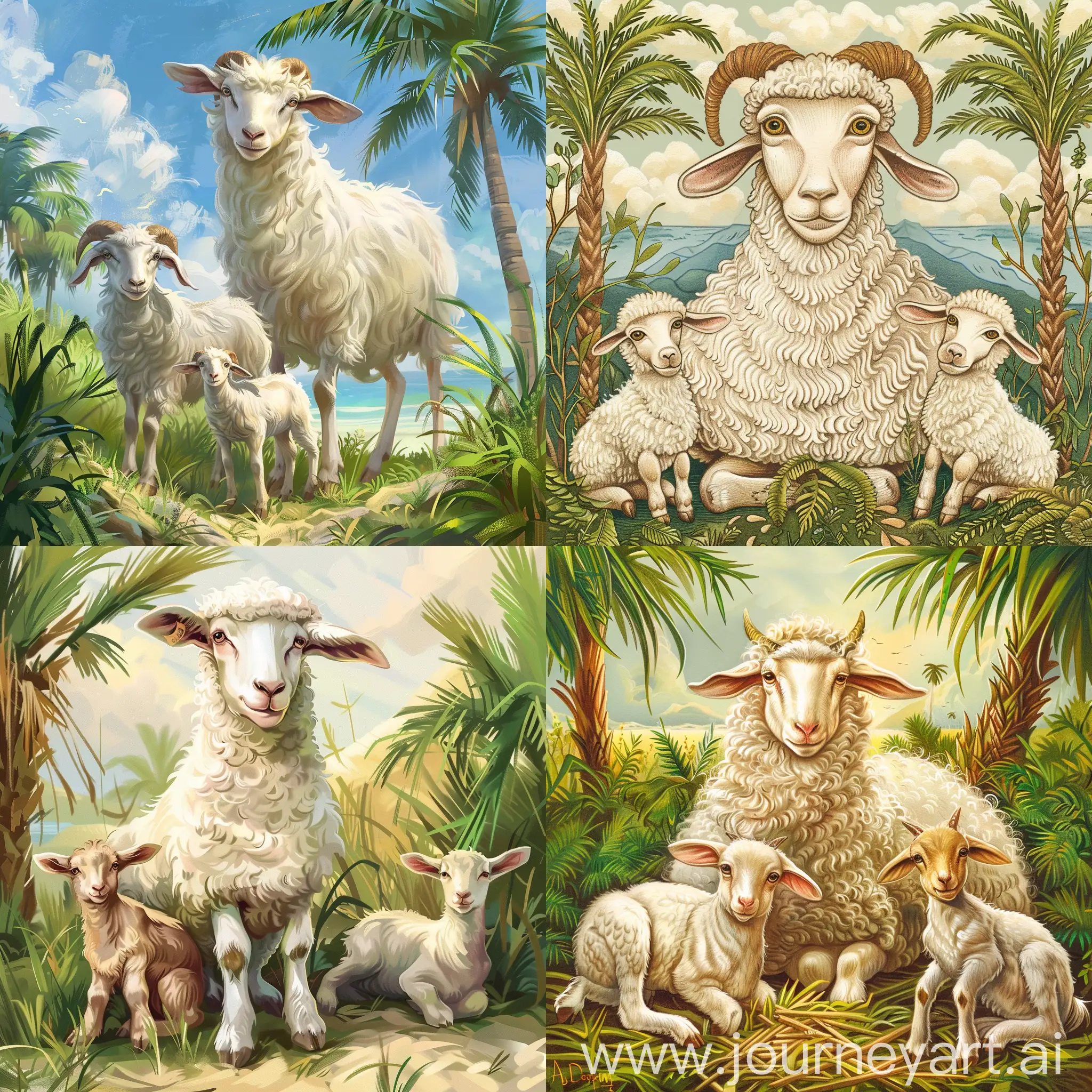نقاشی فانتزی کودکانه از یک گوسفند ماده سفید چشم درشت به همراه دو  بره در طبیعت با سبزه و چمن و پس زمینه درخت نخل باشد.