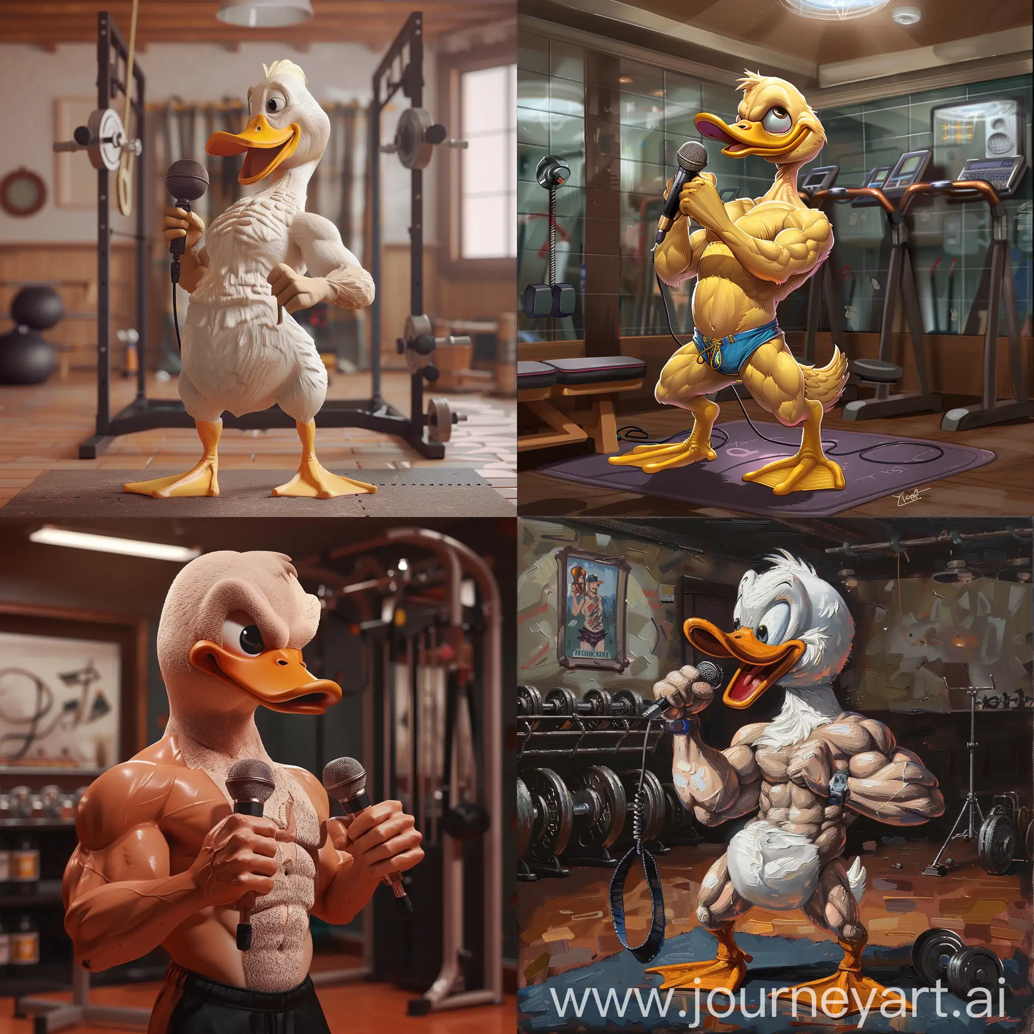 Muscular-Duck-with-Microphone-in-DisneyStyle-Workout-Room