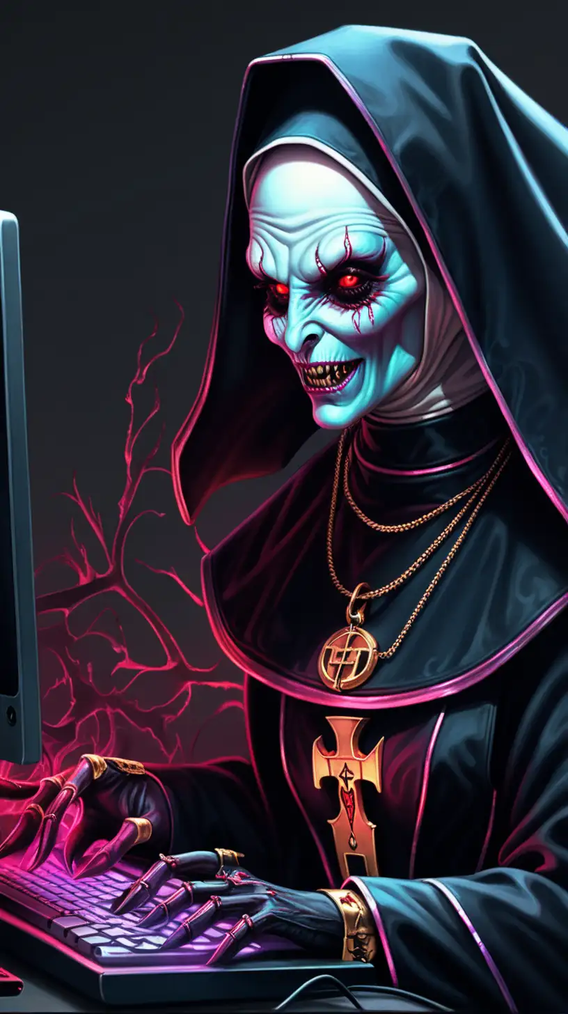 Sinister Cyberpunk Demon Nun Chatting on Computer with Gilding Technique