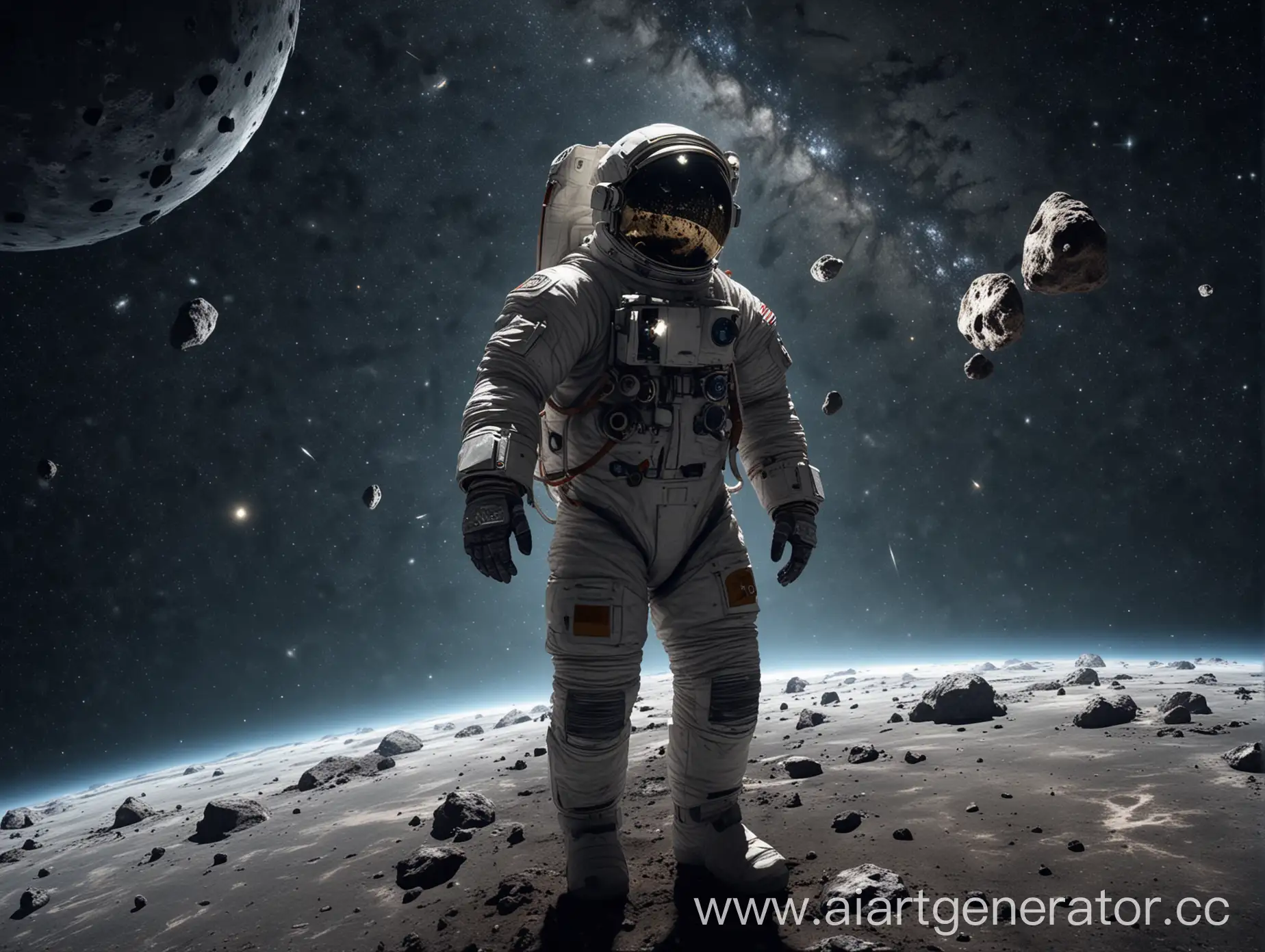 сгенерируй космонавта в космосе, вокруг 5 метеоритов, видно звездное небо, изображение в размере 16:9