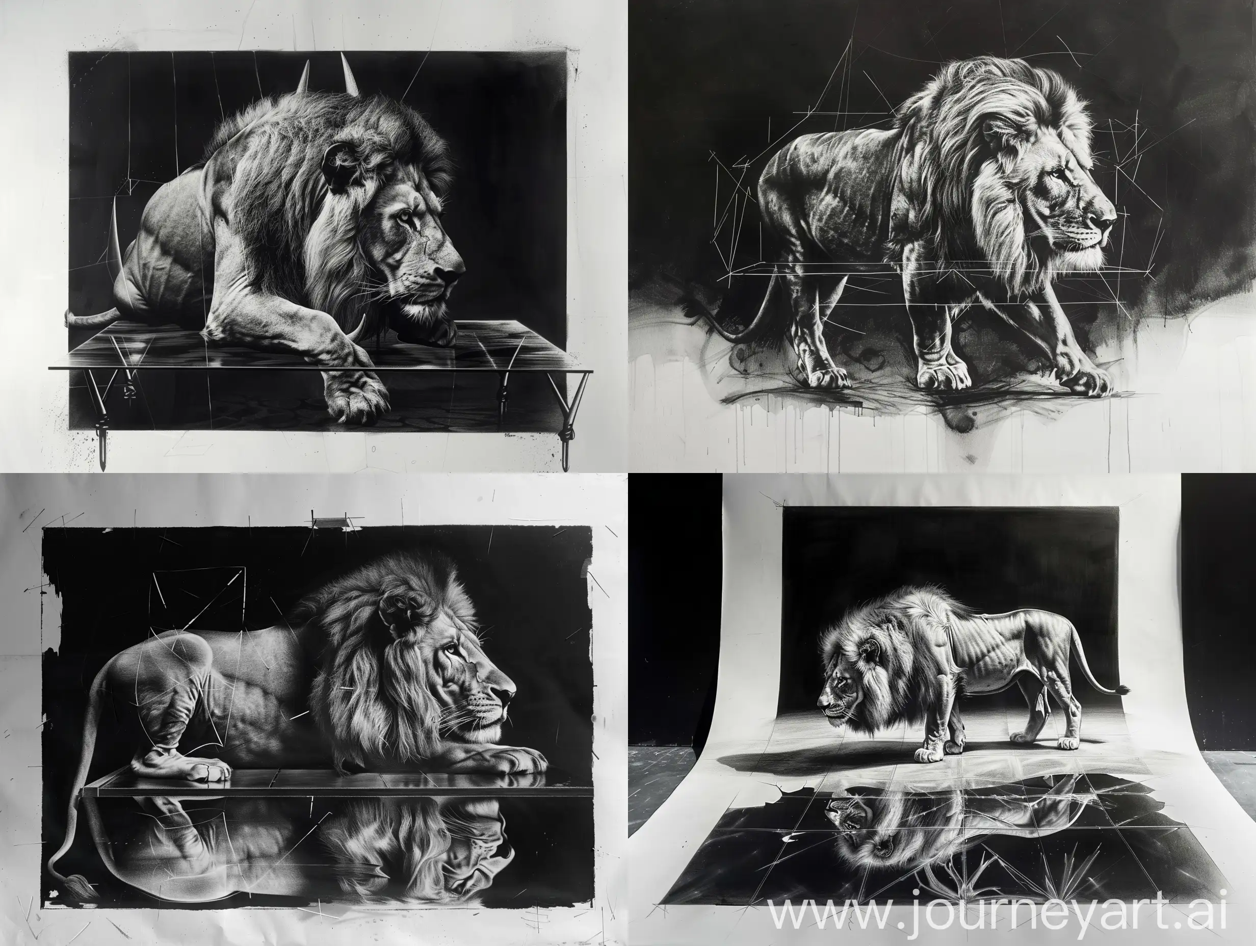 creative dark hyper realistic pencil sketch of a lion on a glass surface on a large canvas in great details with dark background