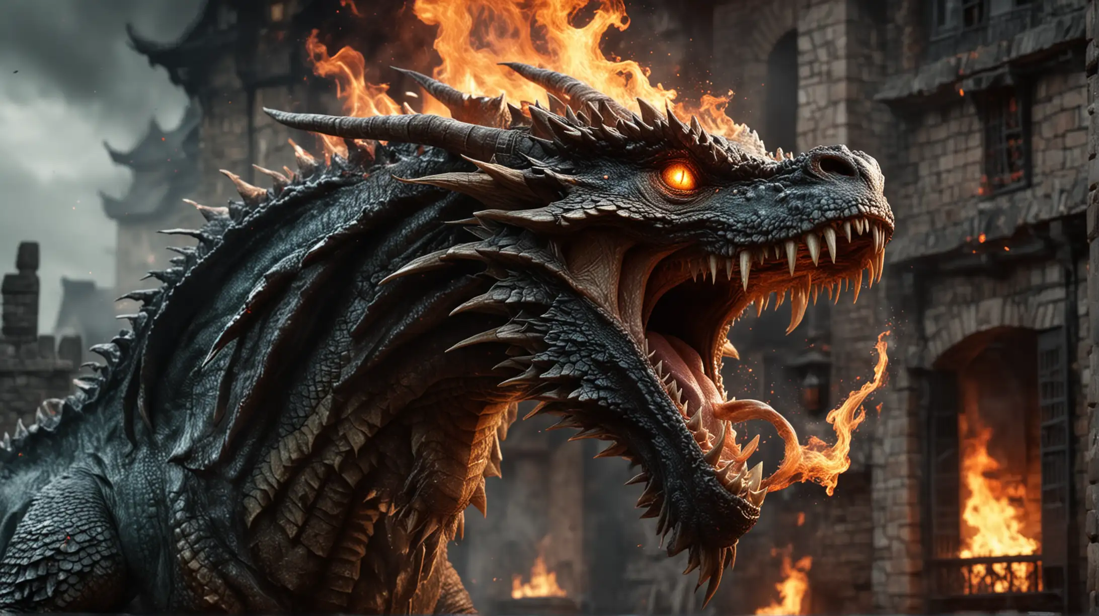 Scary dragon with huge teeth spitting fire . House of dragon style 