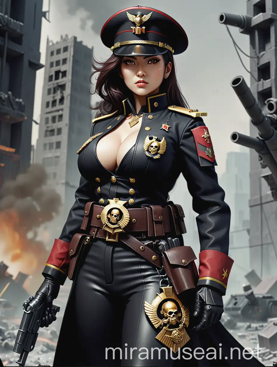 Warhammer 40K japanese young and beautiful   Commissar woman, She is busty, Dark black uniform styled like the United States Marine, She has gold Imperium insignias on her uniform,  Her dark black uniform jacket fits perfectly, fully closed and buttoned up , Dark brown belt has a lot of pouches and a black holster attached, Dark brown bandolier around waist, Background scene is a Warhammer 40K city and destroyed artillery guns can be seen
