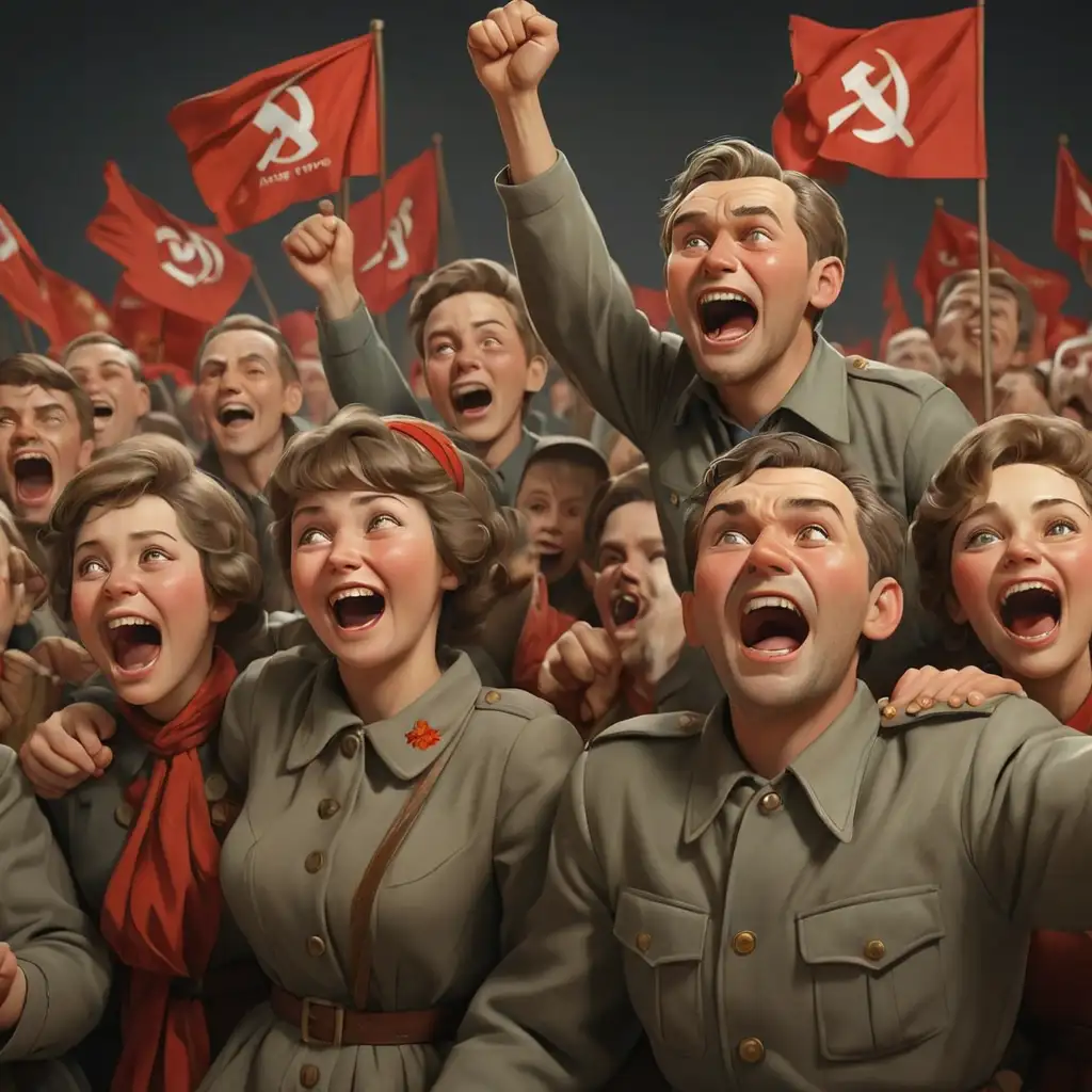 jubilant Soviet people. without background. in realism style, 3d-animation.