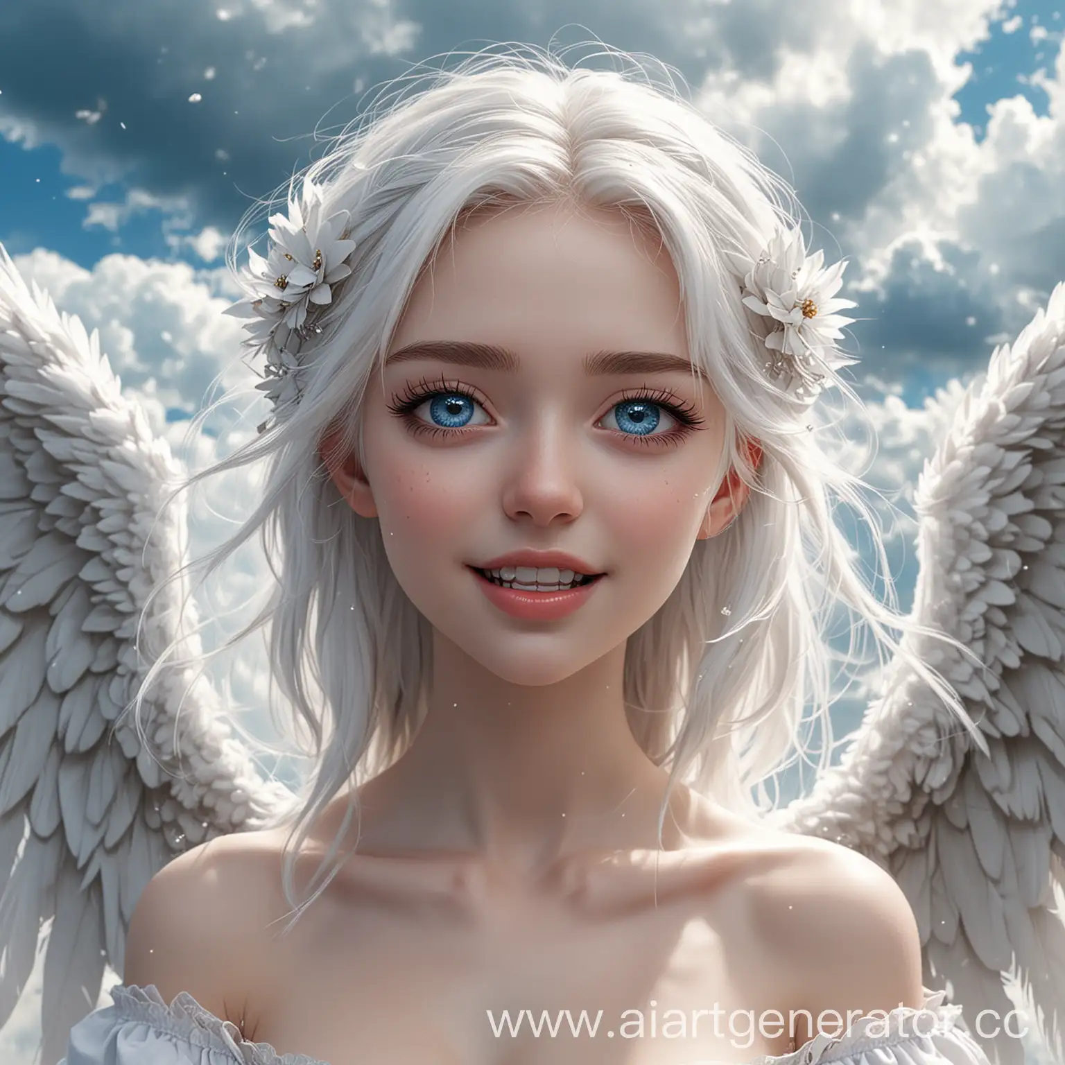 25 летняя Девушка с невероятными сияющими голубыми глазами, с белыми крыльями, как у ангела и белыми волосами. С белоснежной кожей, приоткрытым ртом и маленькими КЛЫКАМИ, как у вампира. в ПОЛНЫЙ РОСТ на фоне облаков, в стиле аниме,