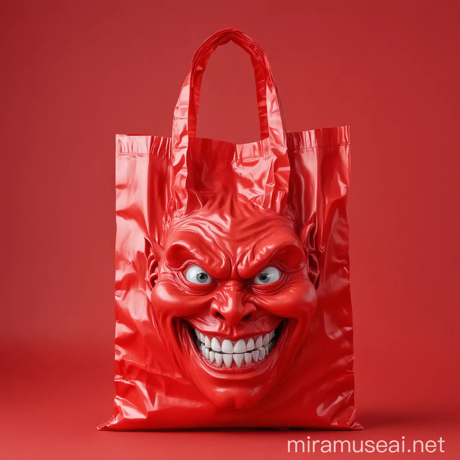 j'aimerais une photo réaliste d'un sachet en plastique rouge avec une tête de diable souriante imprimée sur le fond rouge