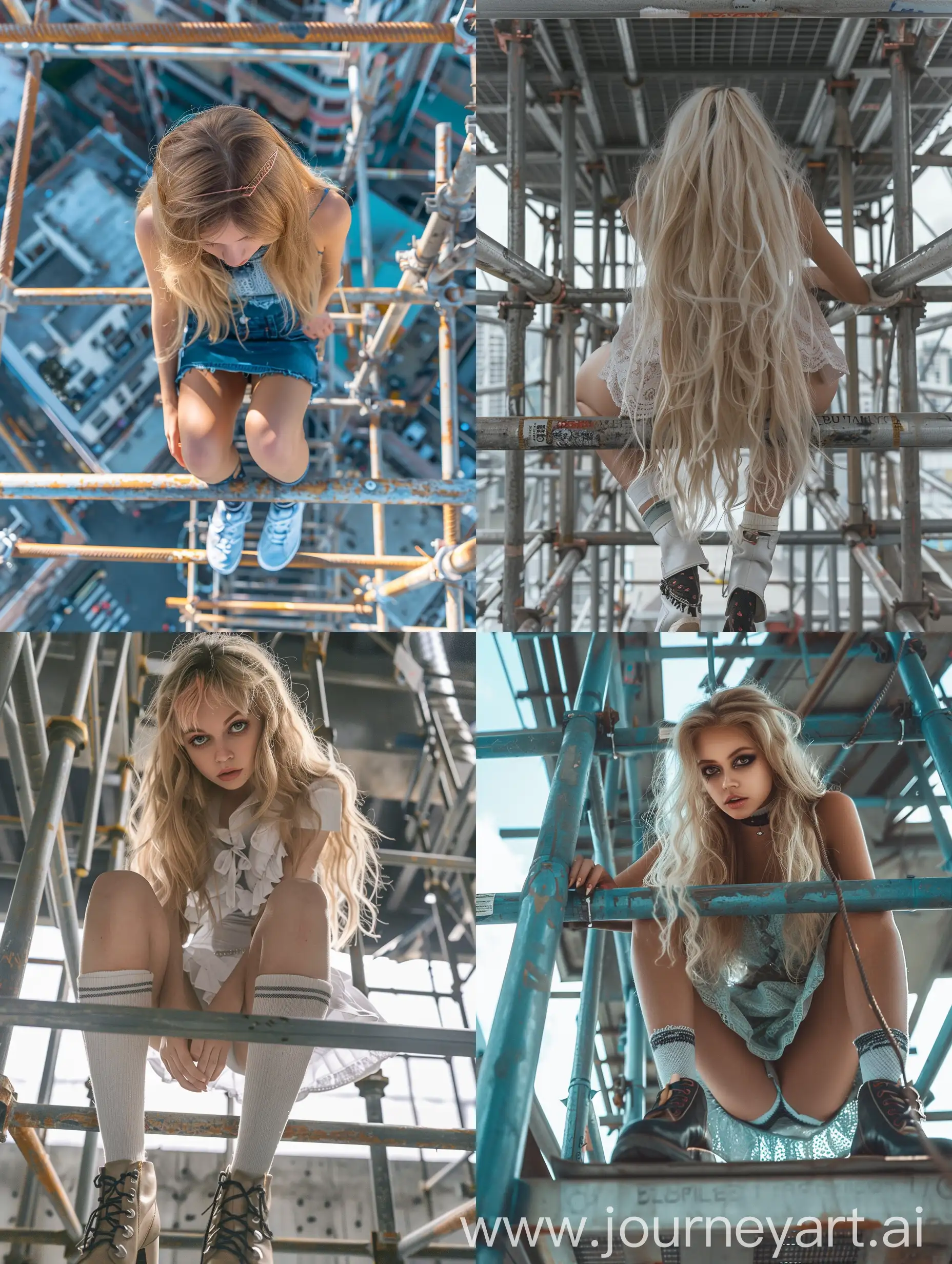 1 girl, long blond hair, 18 years old, influencer, beauty,  dress, makeup,, , down view, socks and boots, 4k, , is working on a steel scaffold under construction
