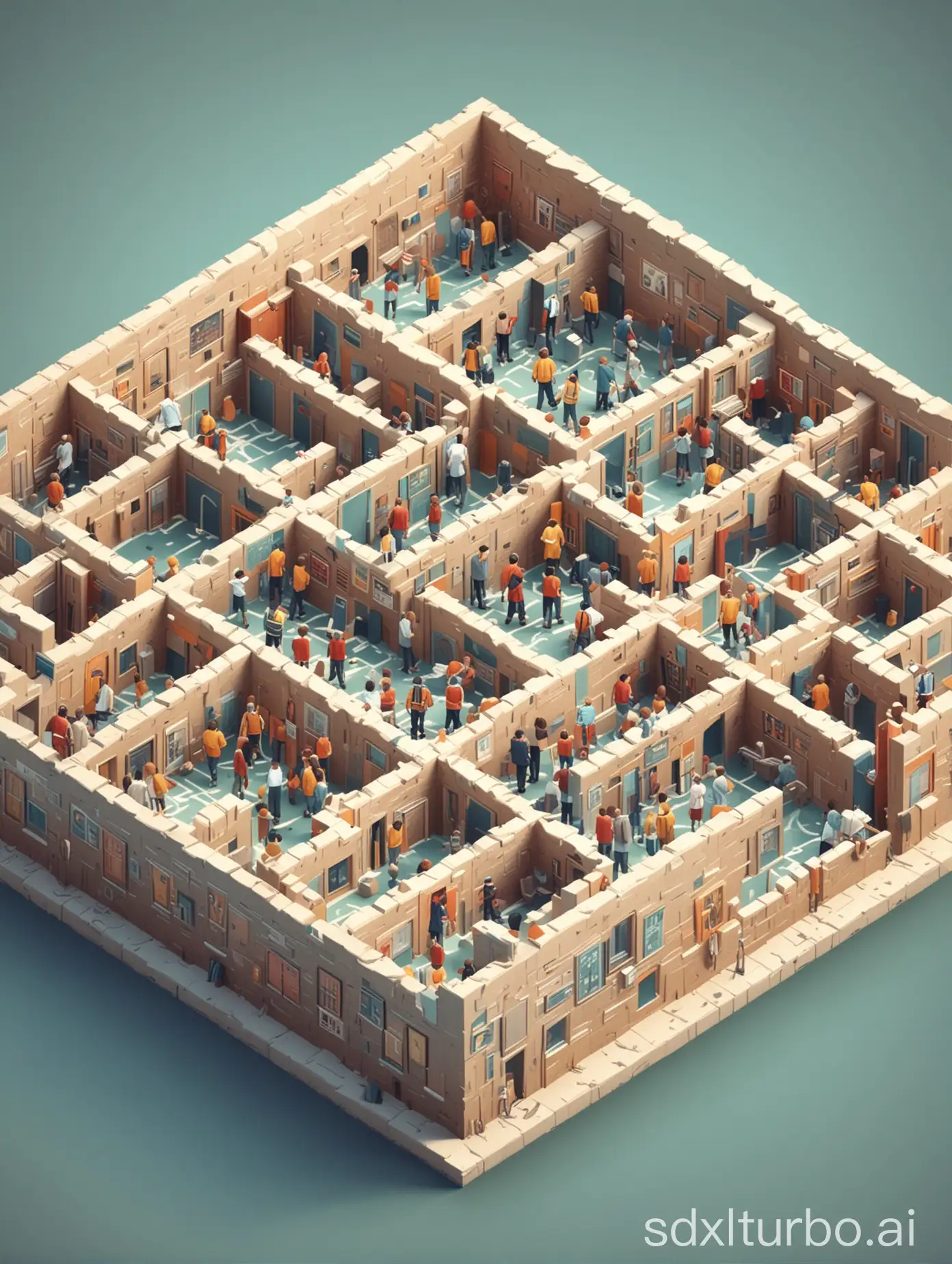 young students in an isometric maze school, low-poly style