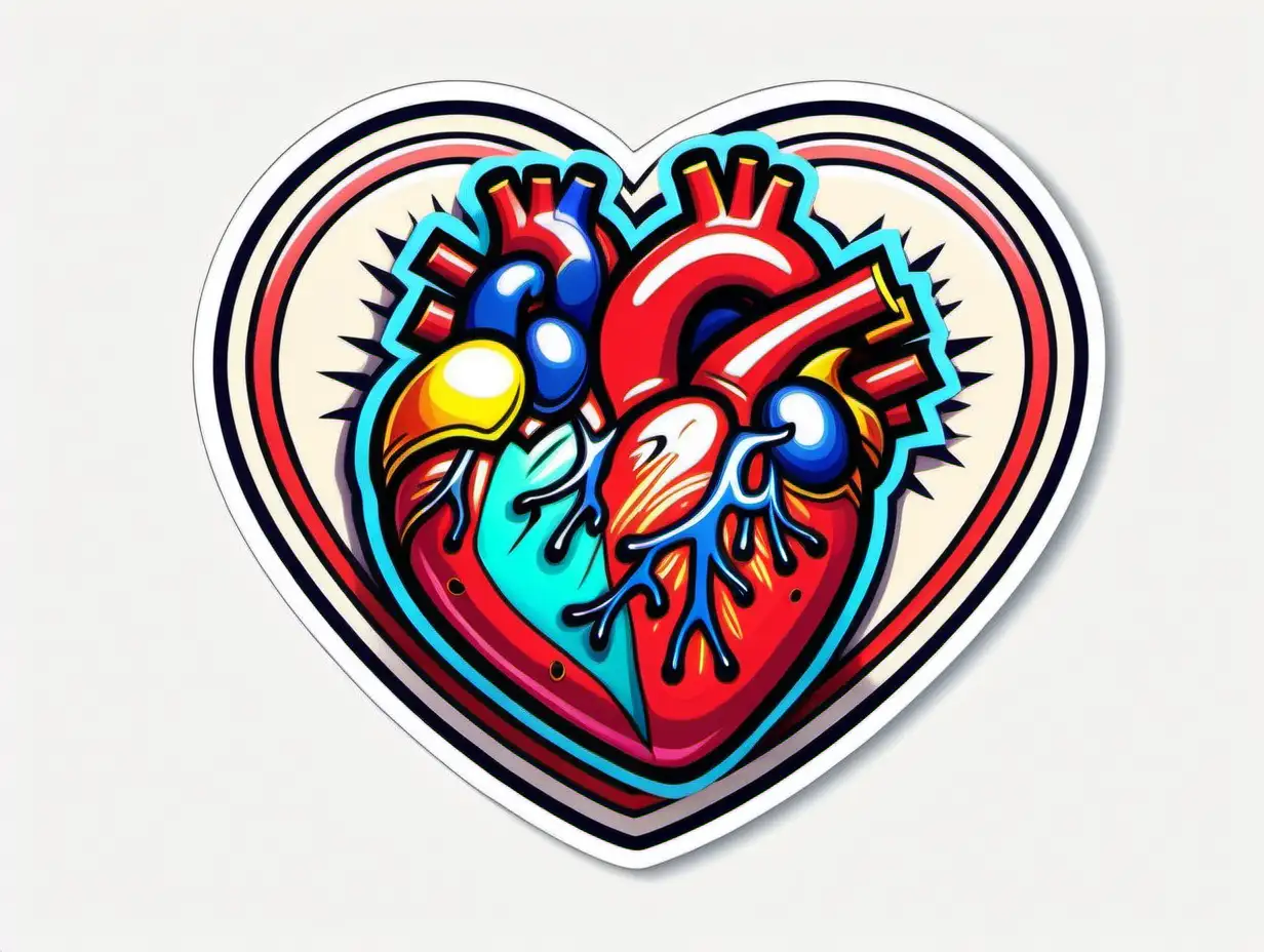 Heart Attack, Sticker, Adorable, Bright Colors, mural art style, Contour, Vector, White Background, Detailed
