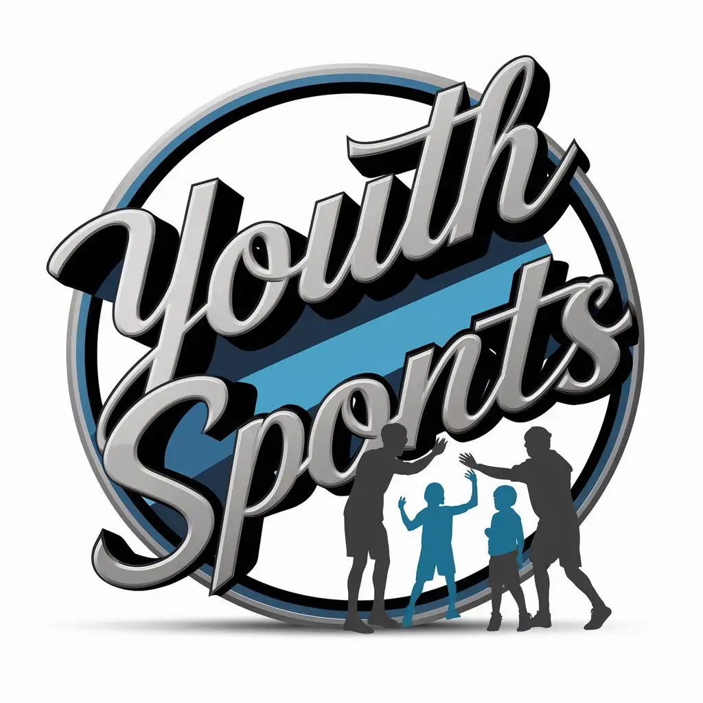 Using the words Youth Sports in a script typeface, on an angle,  in 3 D, two silohuette adults, two children also silohuetted, entire shape should be circular or in an oval, color should be blue, gray, and black, and be in a vector format
