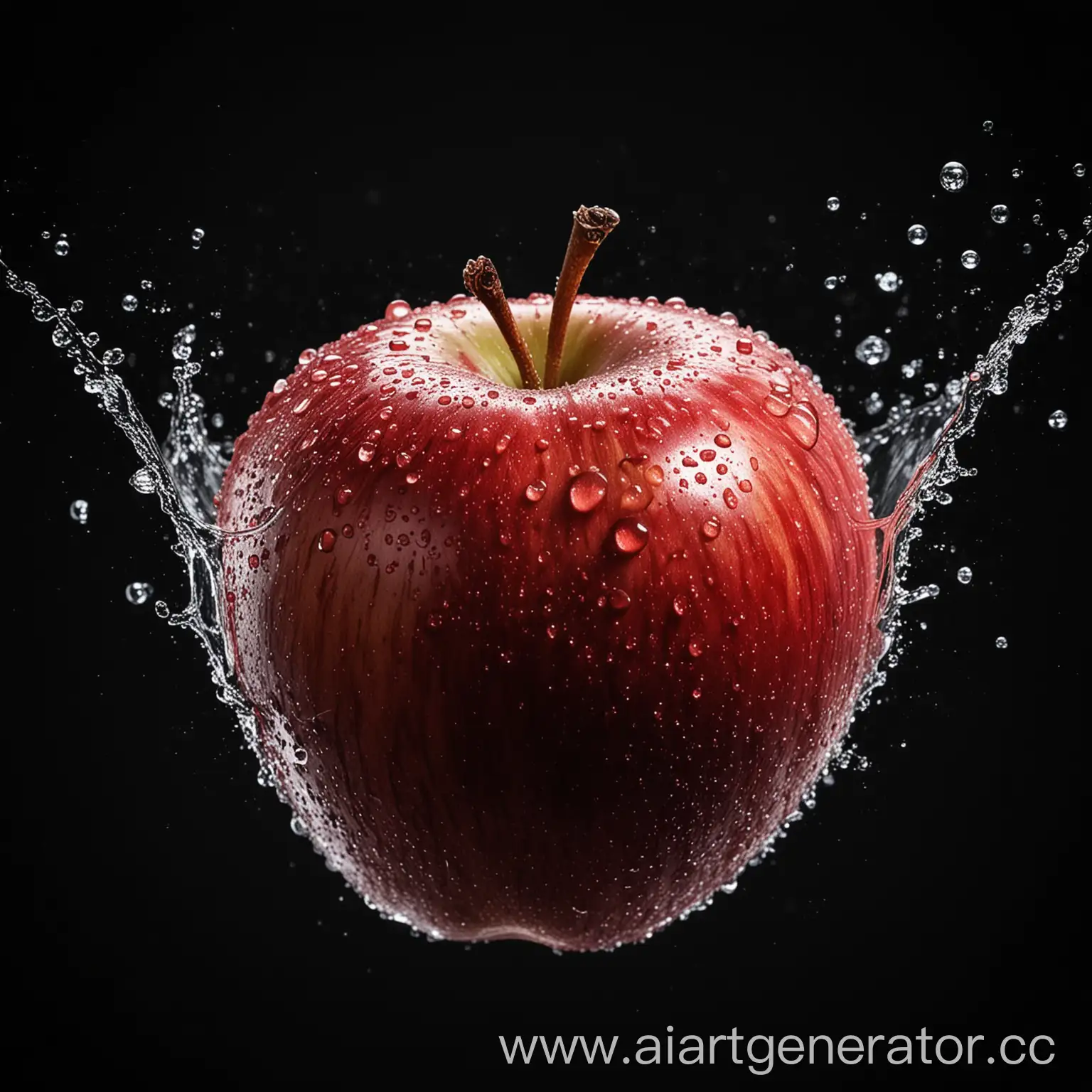 Red-Juicy-Apple-in-Droplets-of-Water-on-Black-Background-Composition