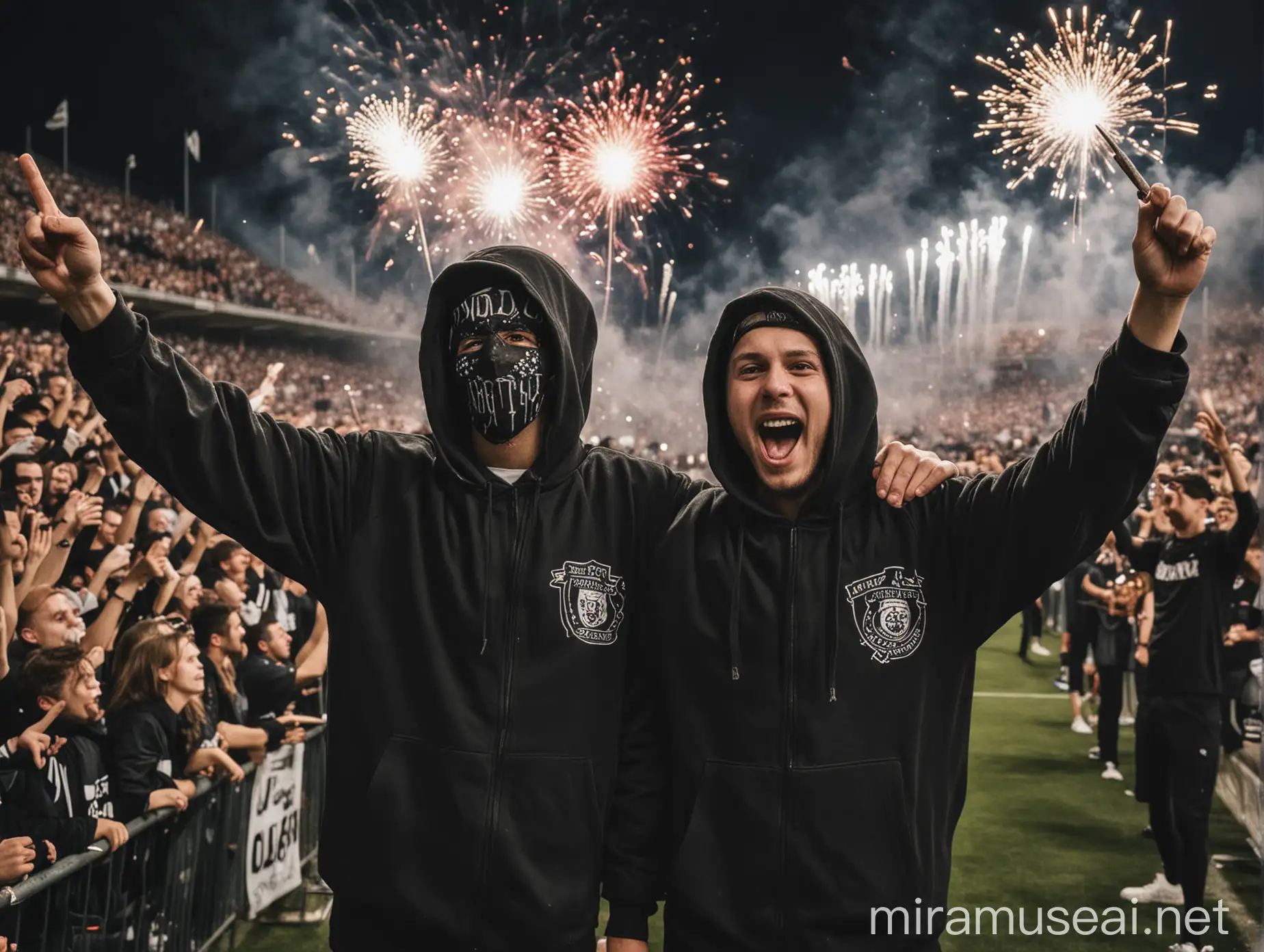 Hooligan Fans Igniting Fireworks in Football Stadium