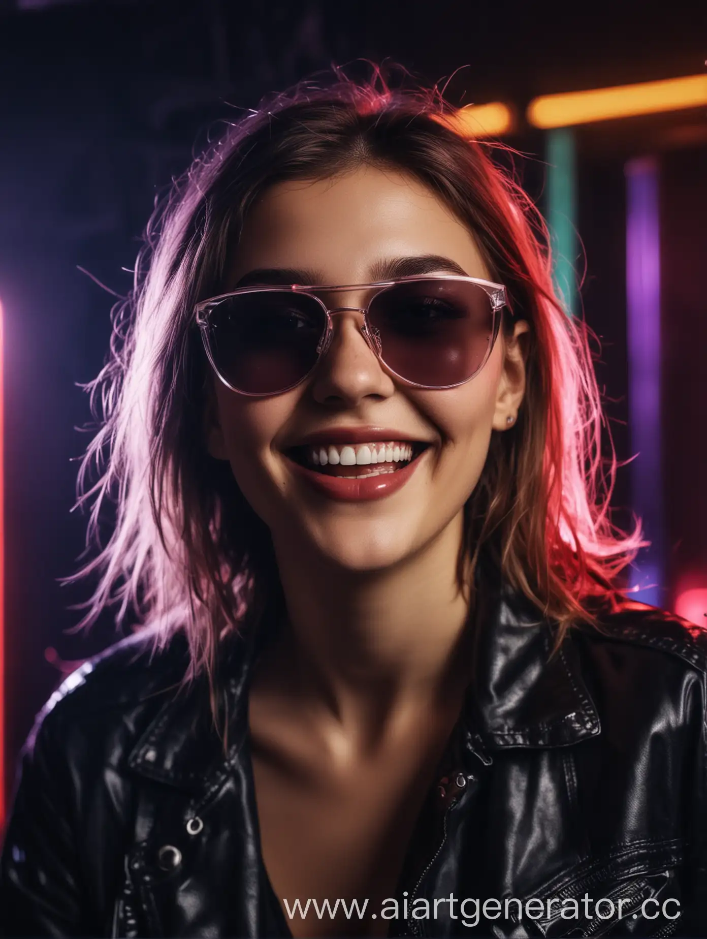 Laughing-Girl-in-Neonlit-Club-with-Dark-Glasses-Vibrant-Portrait