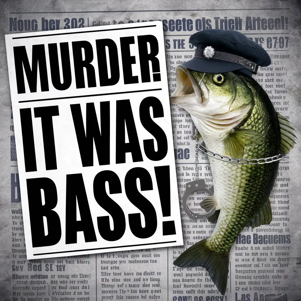 a newspaper, headline: "murder! it was the bass!" and a picture of an arrested bass.