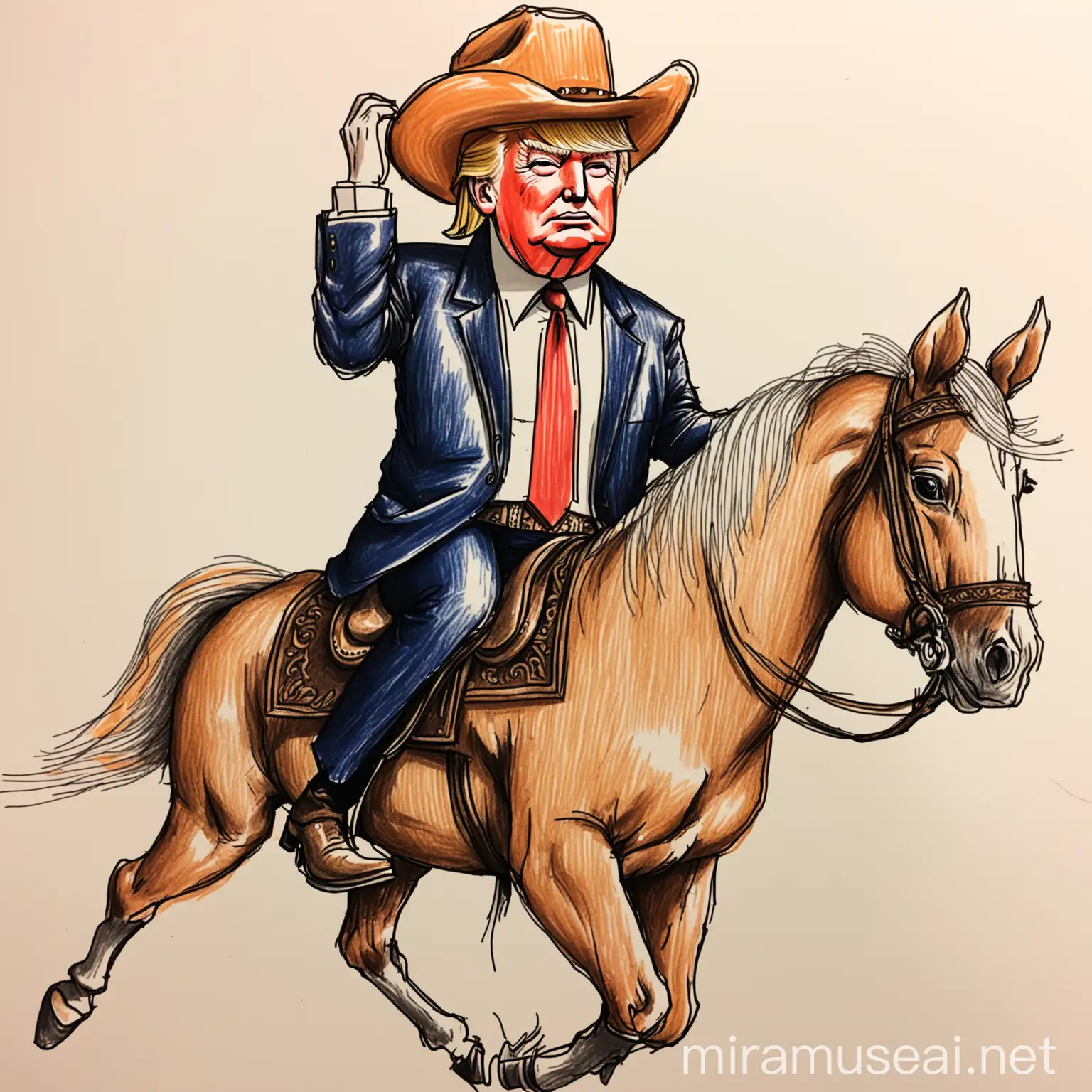 a hand-drawn of Donald Trump wears cowboy hat, riding a horse
