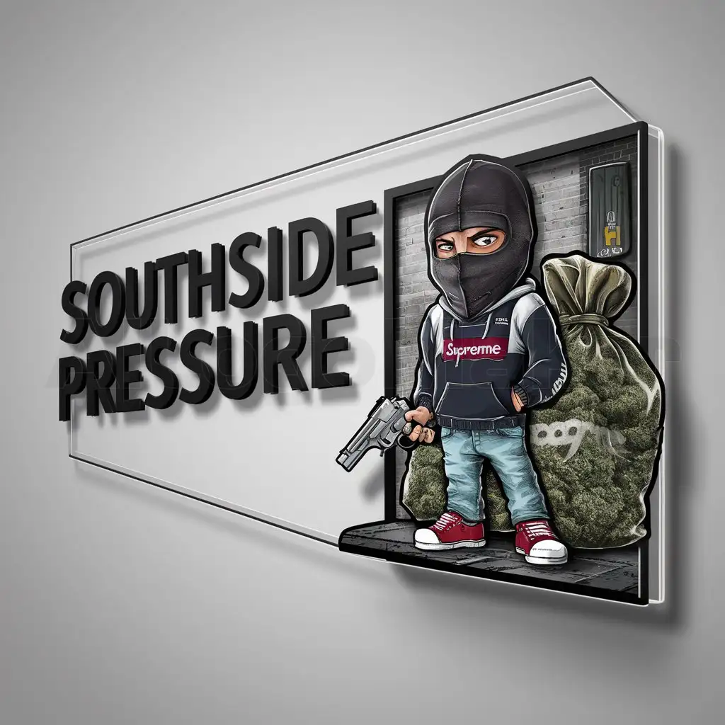 a logo design,with the text "Southside pressure", main symbol:A highly detailed weed inspired background with a cartoon character wearing a balaclava holding money and a joint standing on the street wearing jeans and a supreme hoodie holding a gun to the 5  and a big bag of weed,Minimalistic,be used in Others industry,clear background