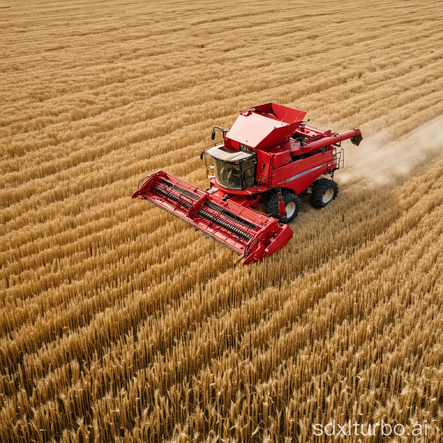 Powerful-Red-Combine-Harvester-in-Wheat-Field