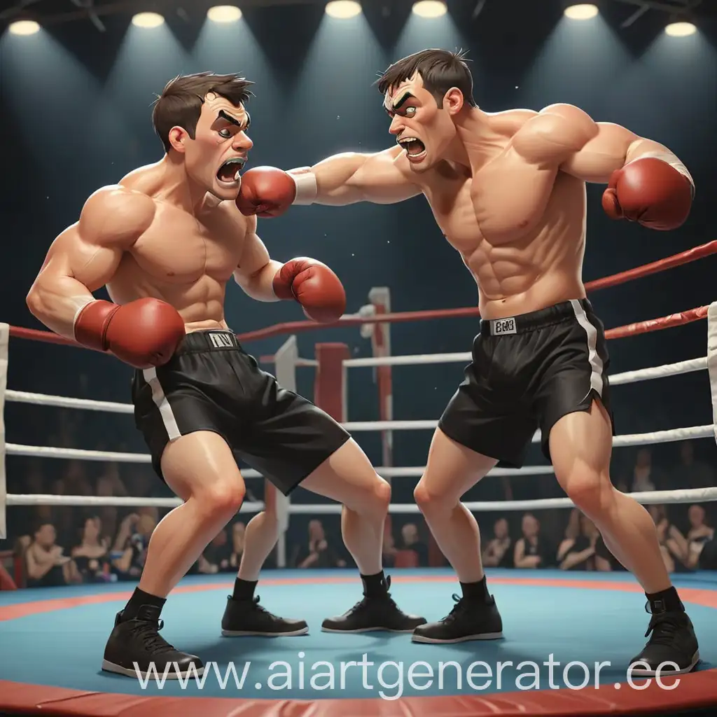 мультяшные два боксера в черных плавка борются на ринге 