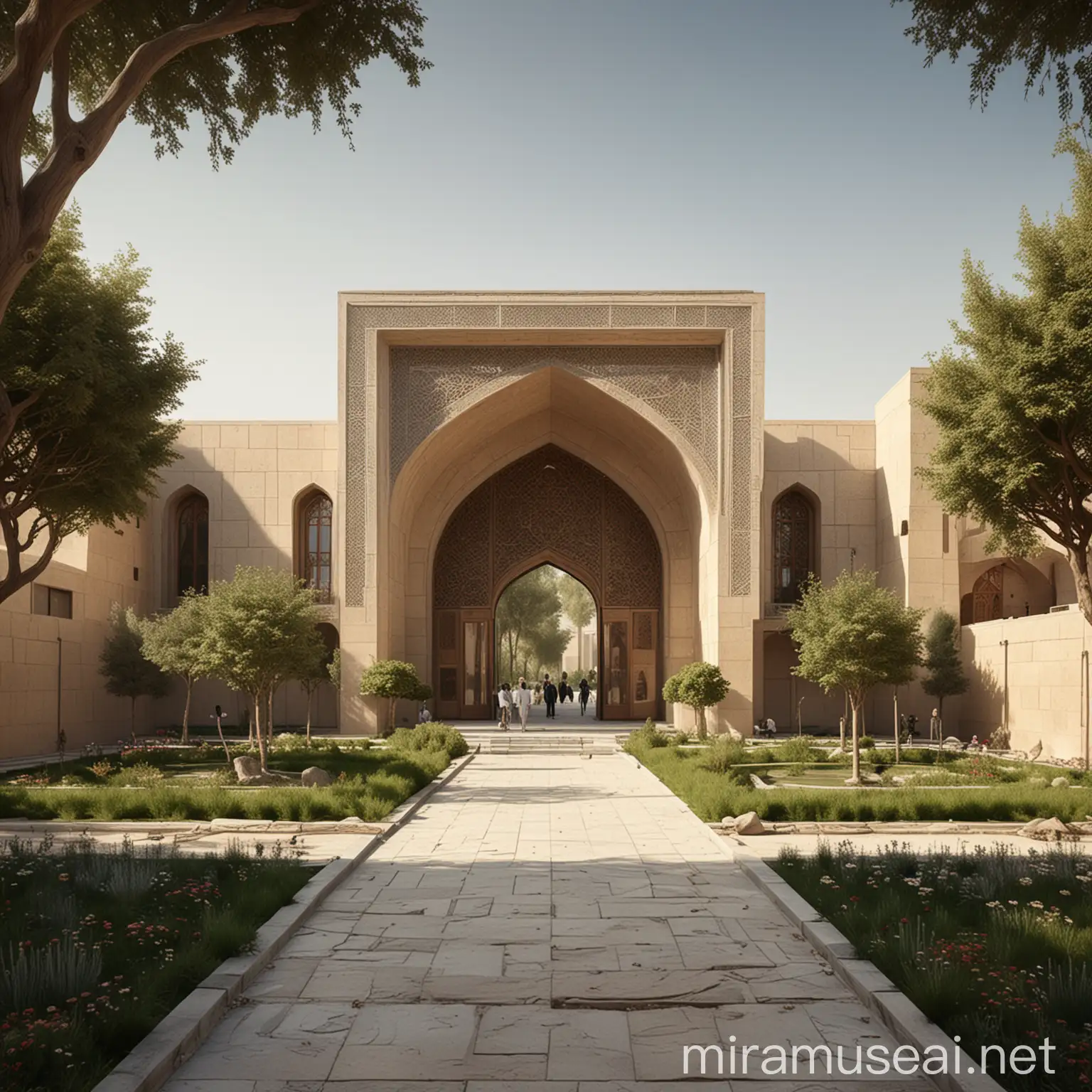 exterior perspective, museum, entrance, modern, iranian architecture, persian garden,