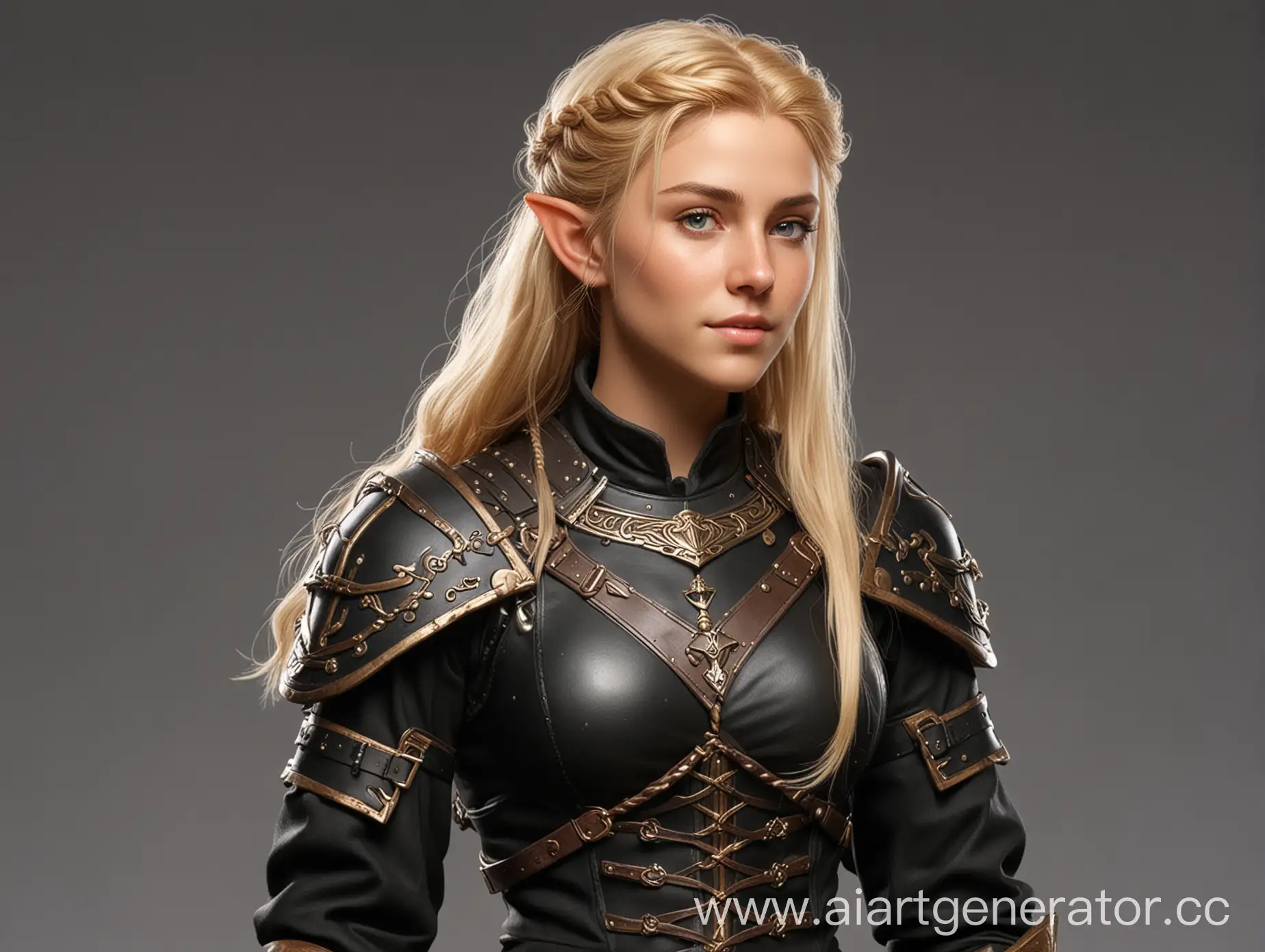 Female half-elven bard with blond sunburnt hair, wearing black travellers clothes and a breastplate