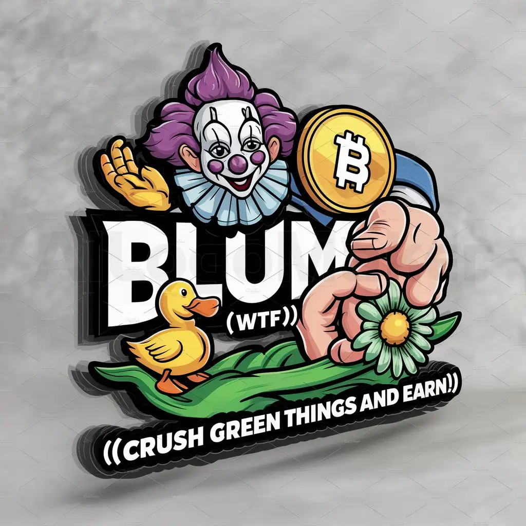 a logo design,with the text "Blum (wtf?), (crush green things and earn!) ", main symbol:Clown-mim, Blum coin, yellow duckling, green flower squished by a giant thumb,complex,be used in Finance industry,clear background