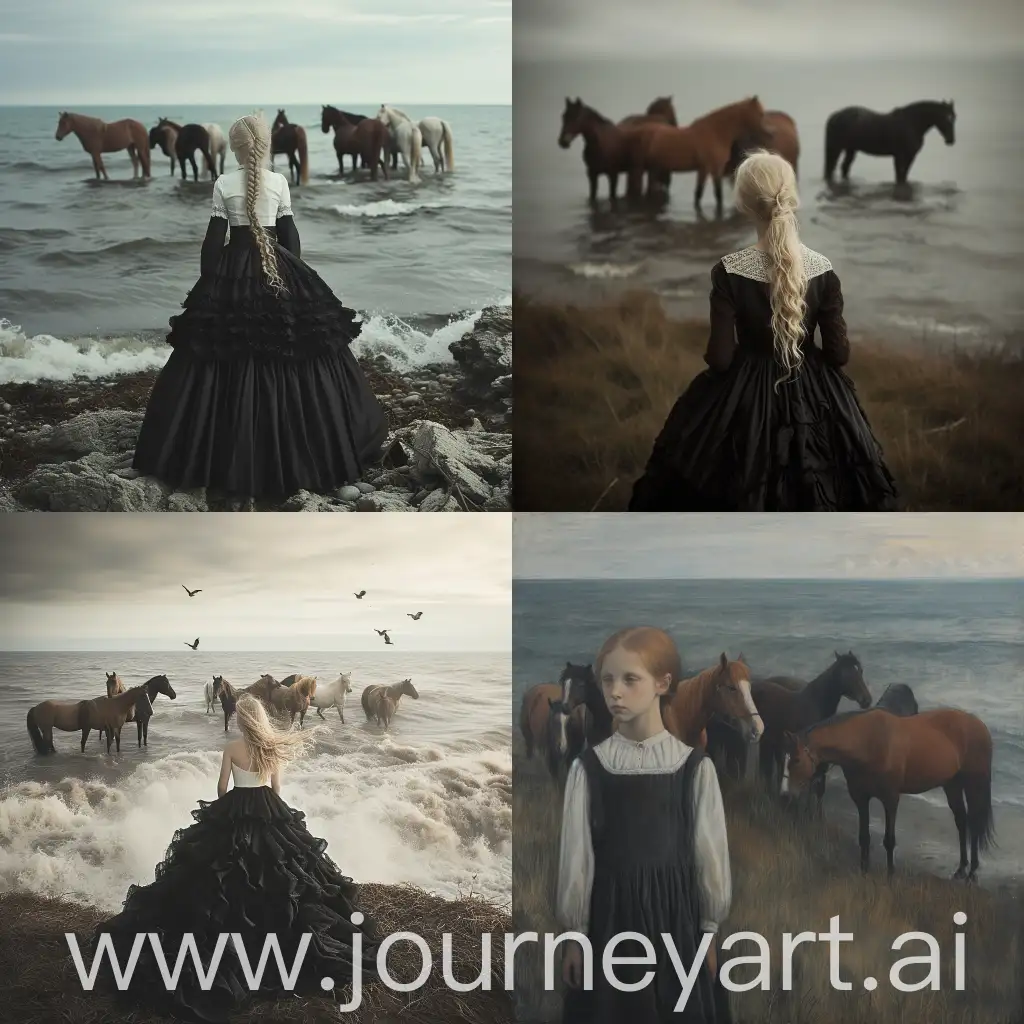 Girl-in-Elegant-Black-Dress-Standing-by-the-Sea-with-Horses