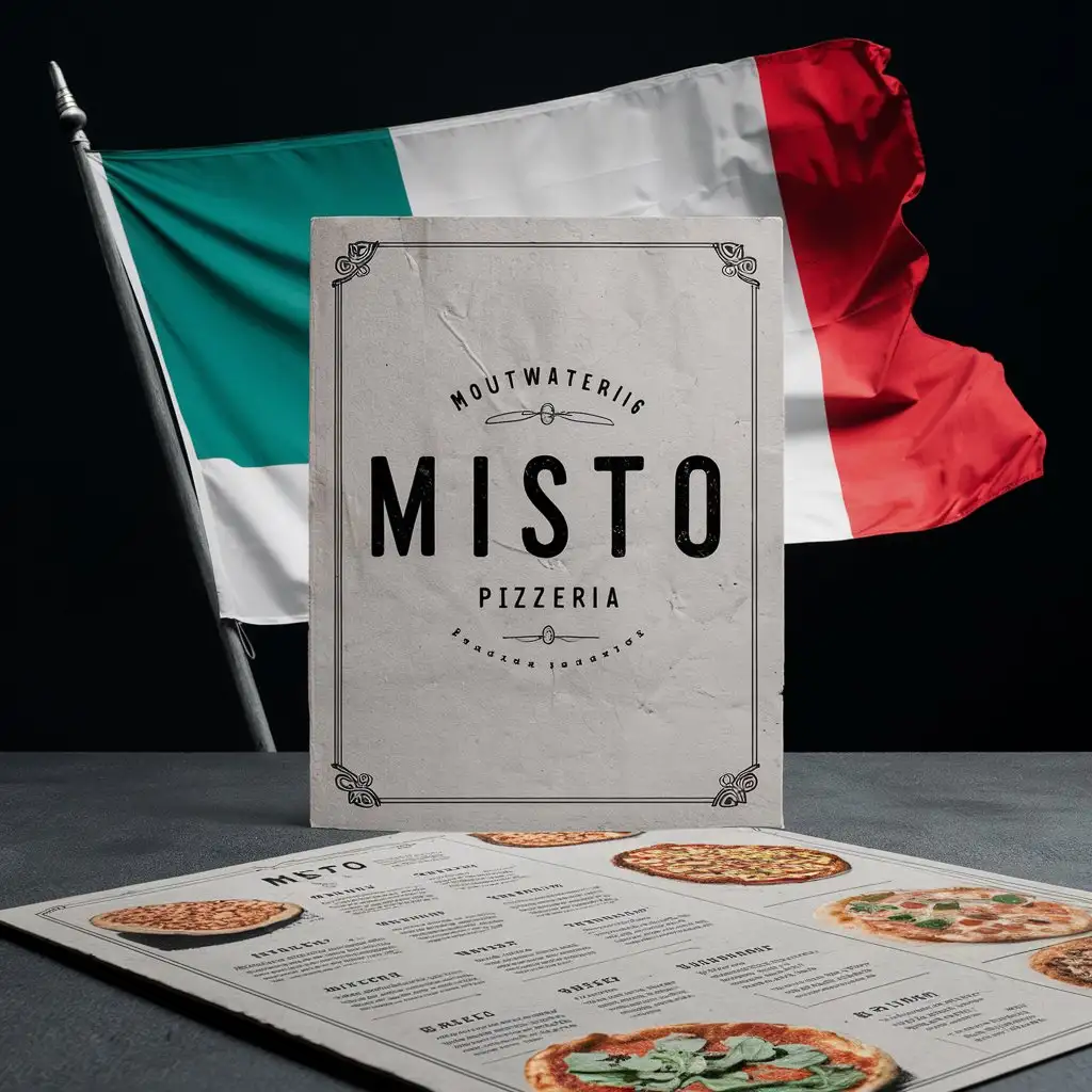 Misto Pizzeria, Black minimalist menu, Vintage, A4, Pizza Menu, Italian flag,