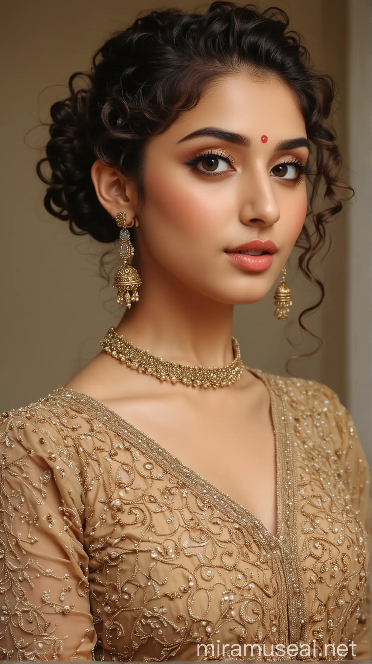 Beautiful Pakistani Girl with Curly Bun Hairstyle and Indian Makeup in Attractive Dress Medium Shot Ultra Realistic Full HD Photography