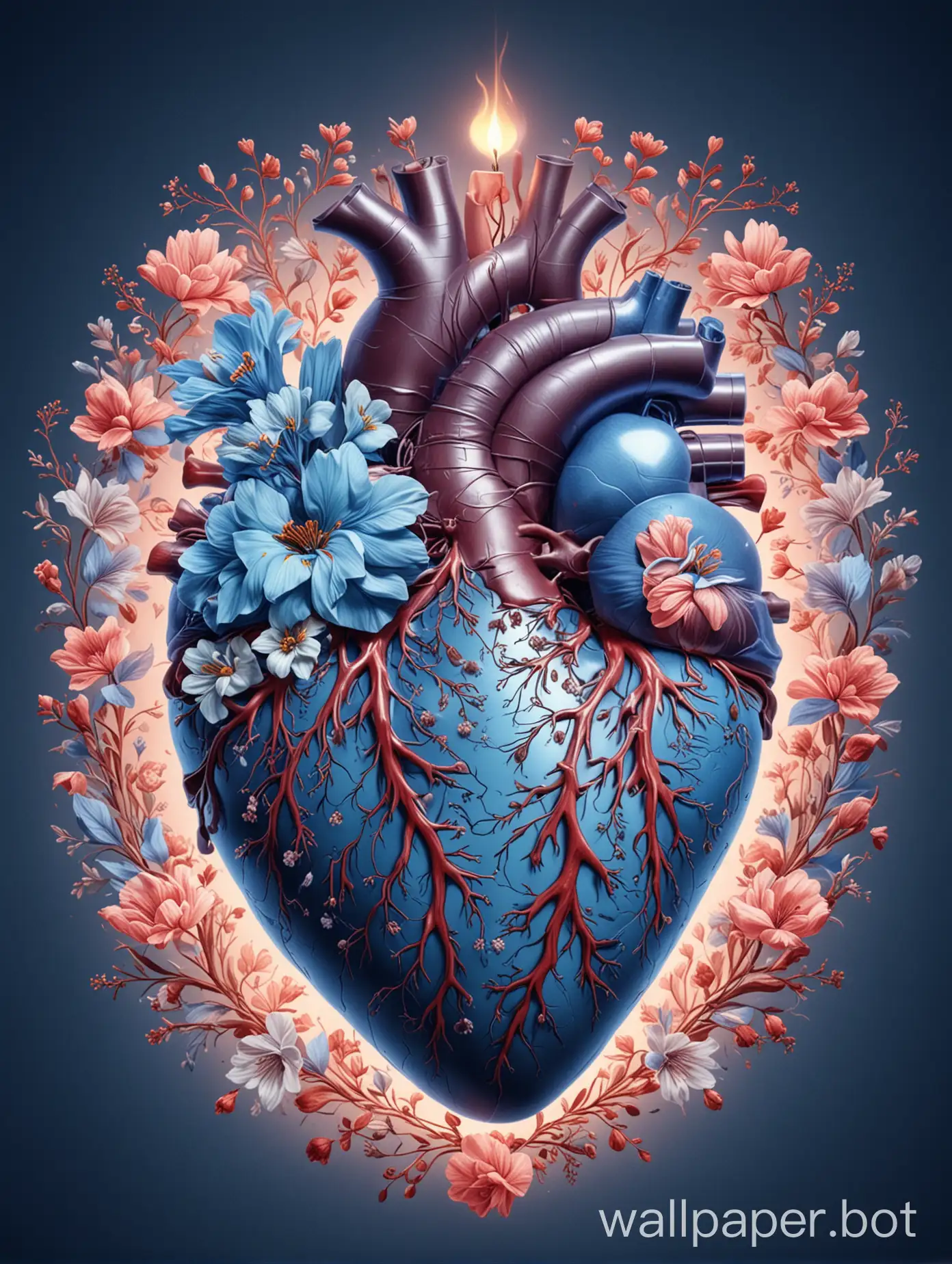 floral anatomical heart medicine glowing mid-blue light background